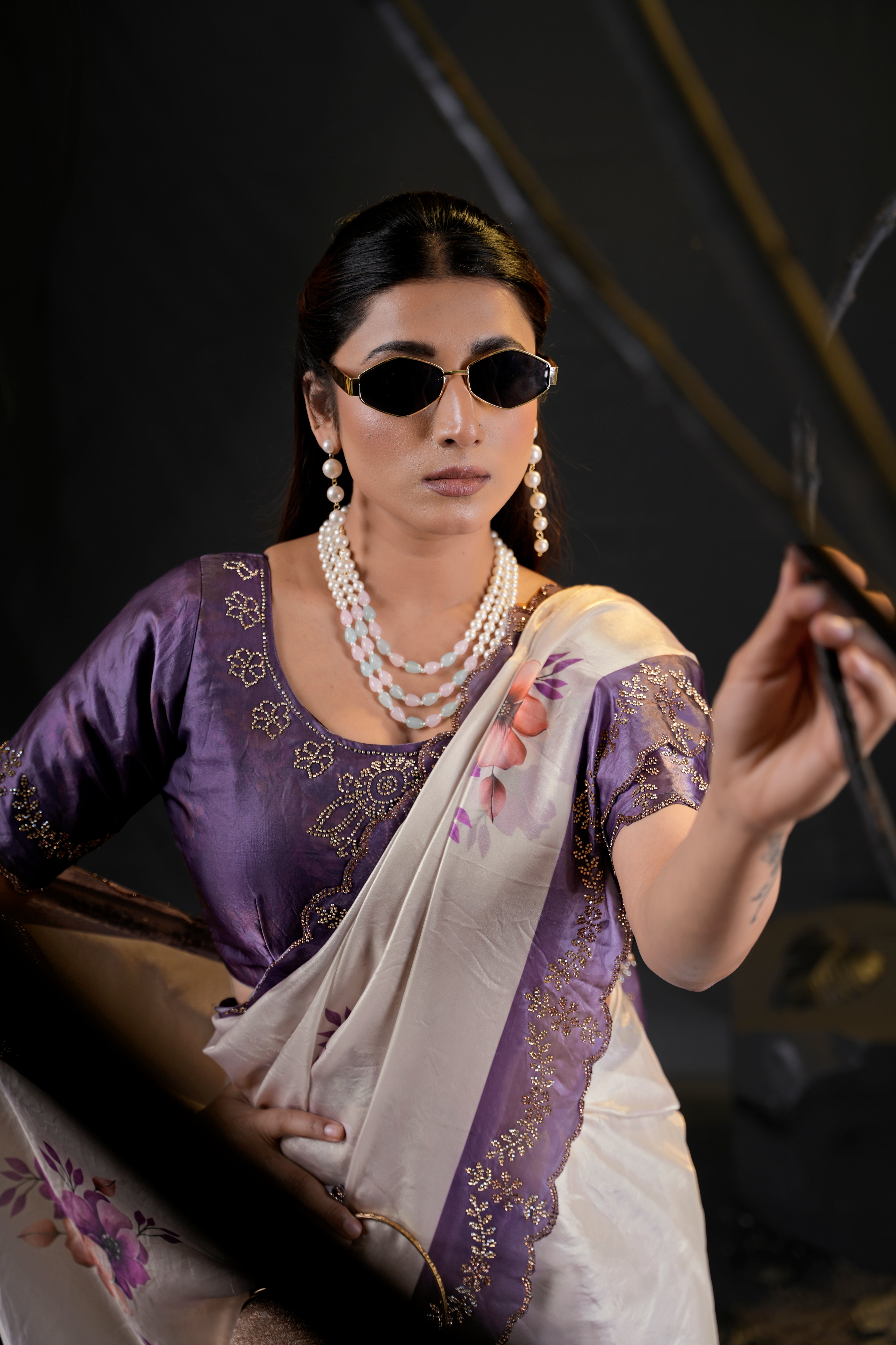 Taranika Floral Satin Saree with Scalloped Stone Border
