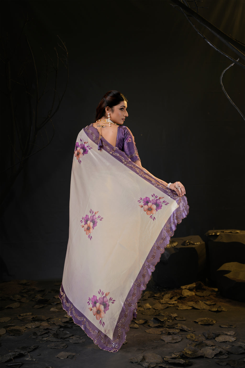 Taranika Floral Satin Saree with Scalloped Stone Border