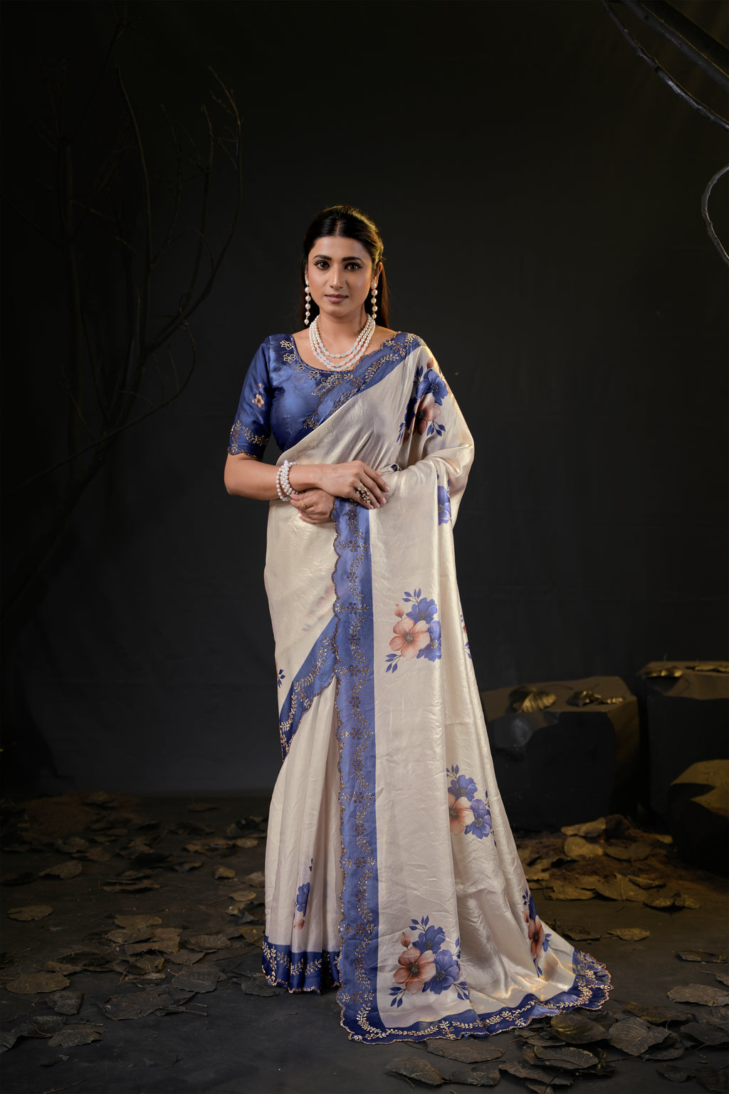 Taranika Floral Satin Saree with Scalloped Stone Border