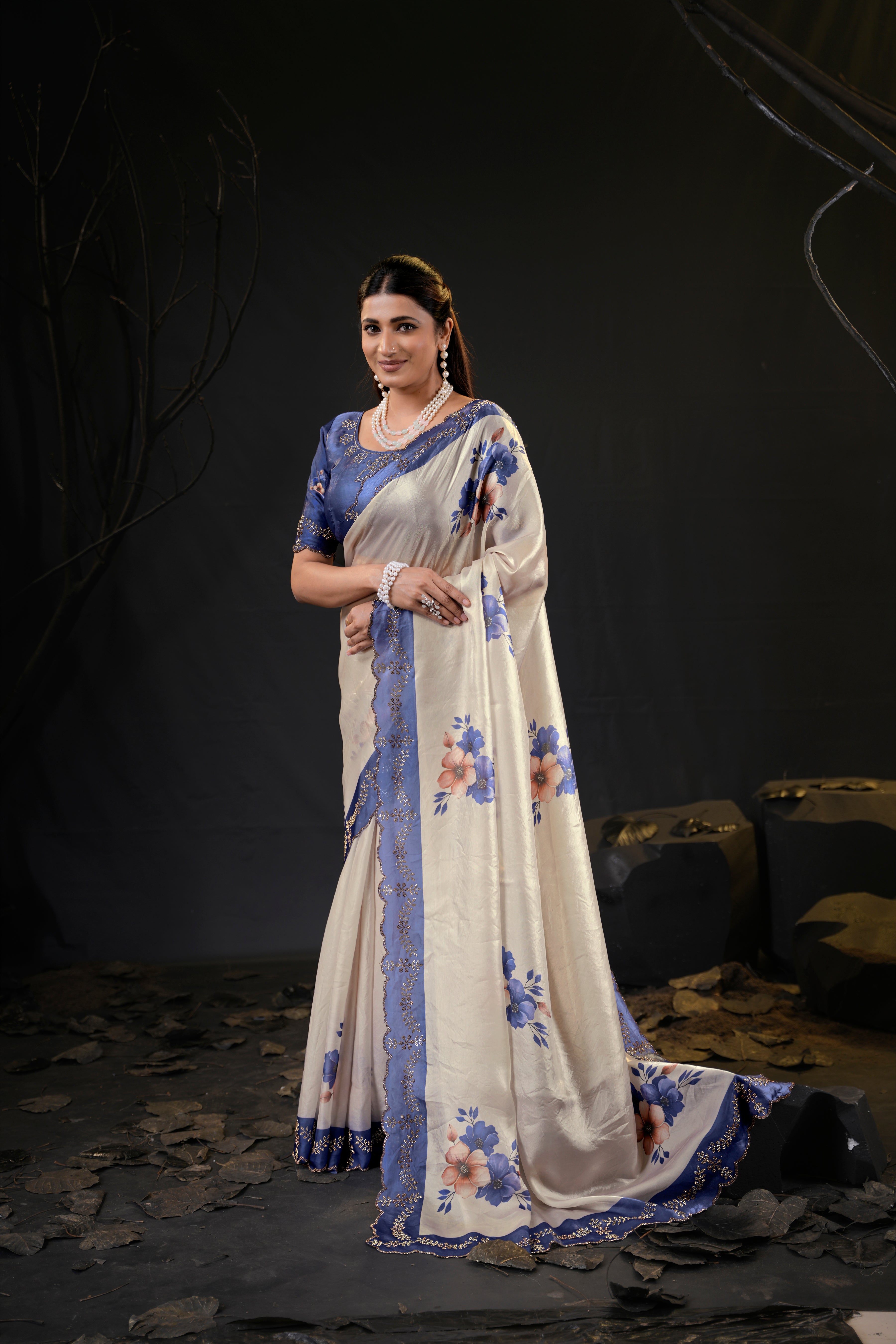 Taranika Floral Satin Saree with Scalloped Stone Border