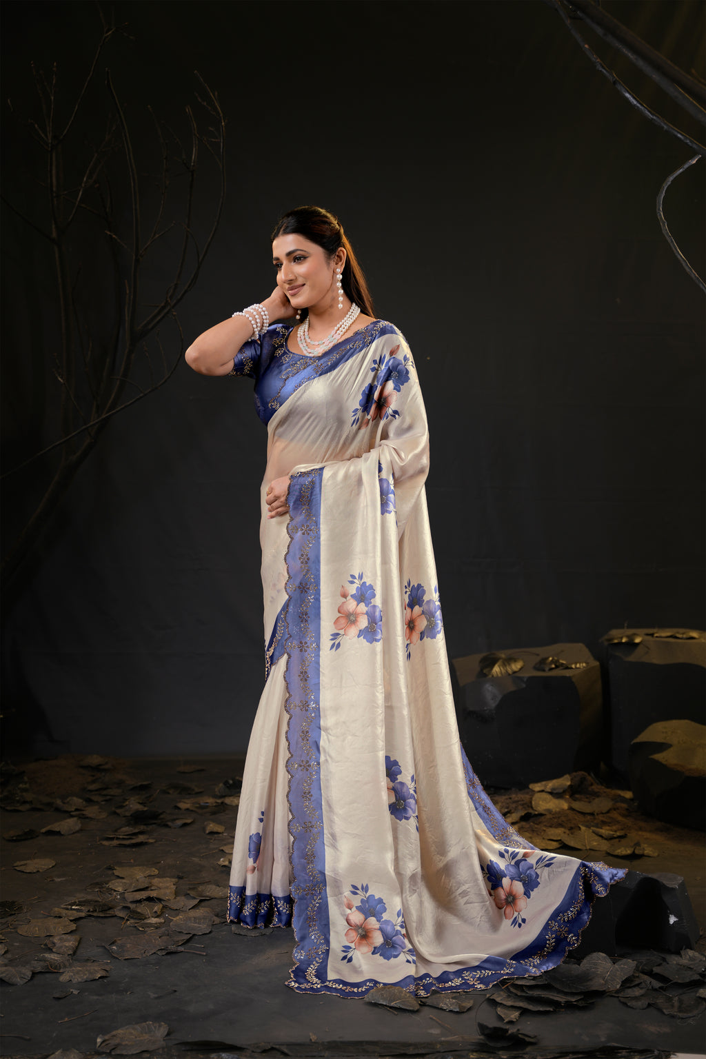 Taranika Floral Satin Saree with Scalloped Stone Border