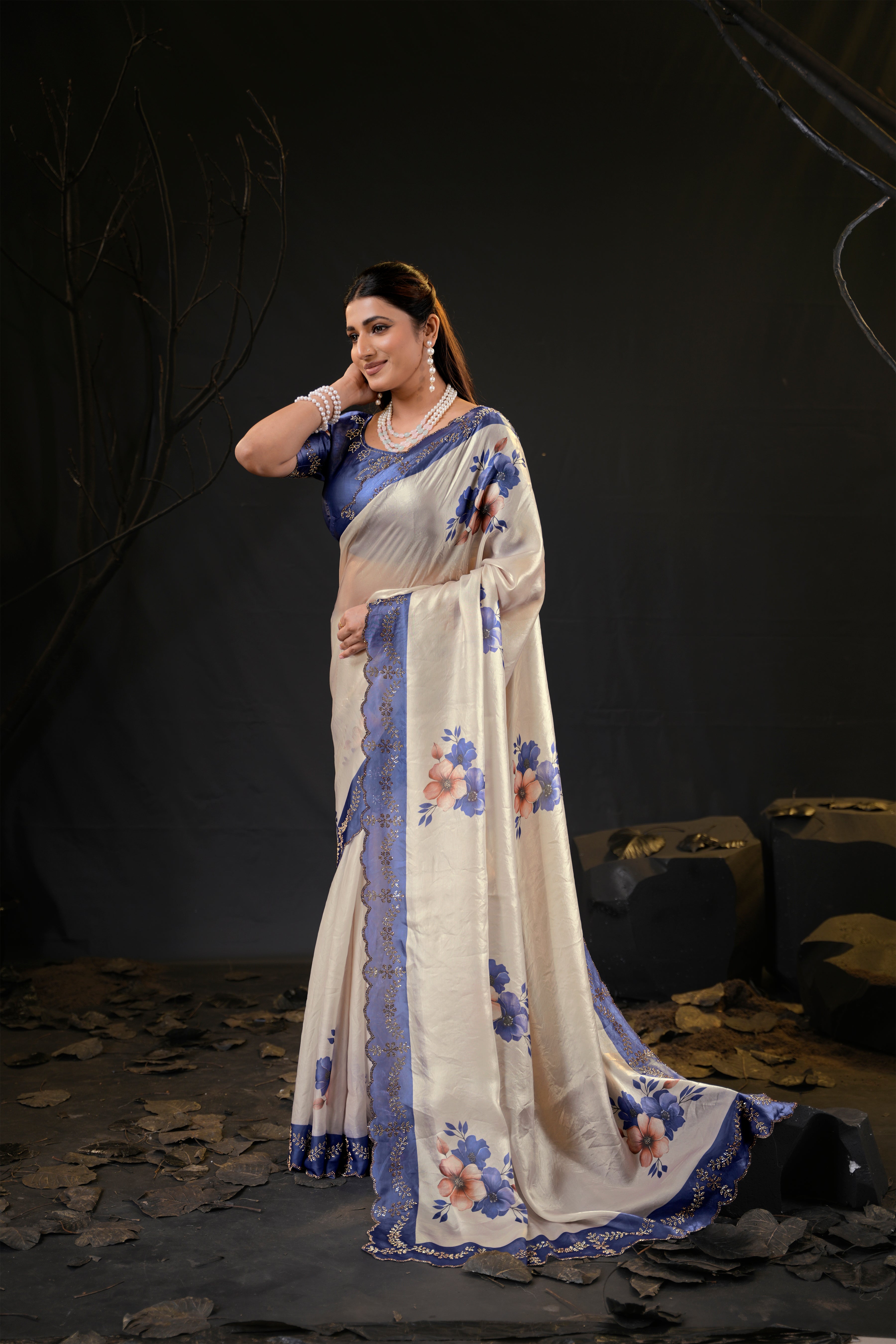 Taranika Floral Satin Saree with Scalloped Stone Border