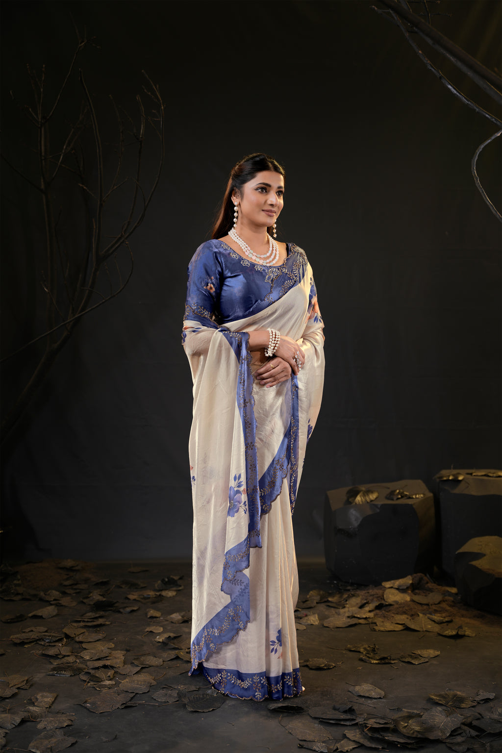 Taranika Floral Satin Saree with Scalloped Stone Border