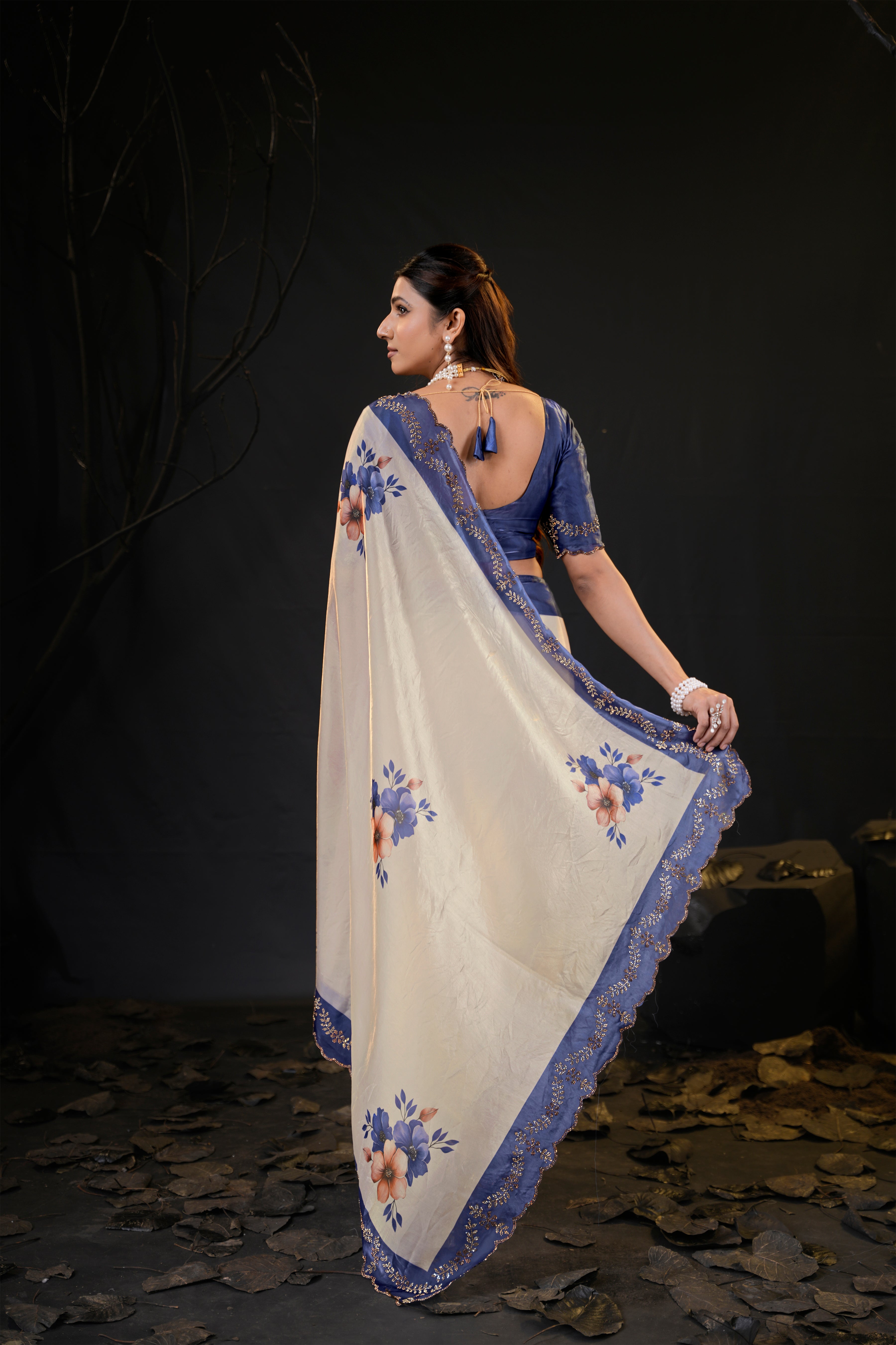 Taranika Floral Satin Saree with Scalloped Stone Border