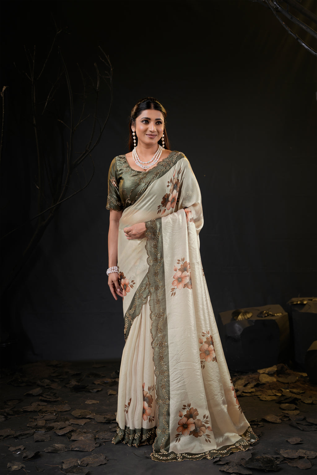 Taranika Floral Satin Saree with Scalloped Stone Border