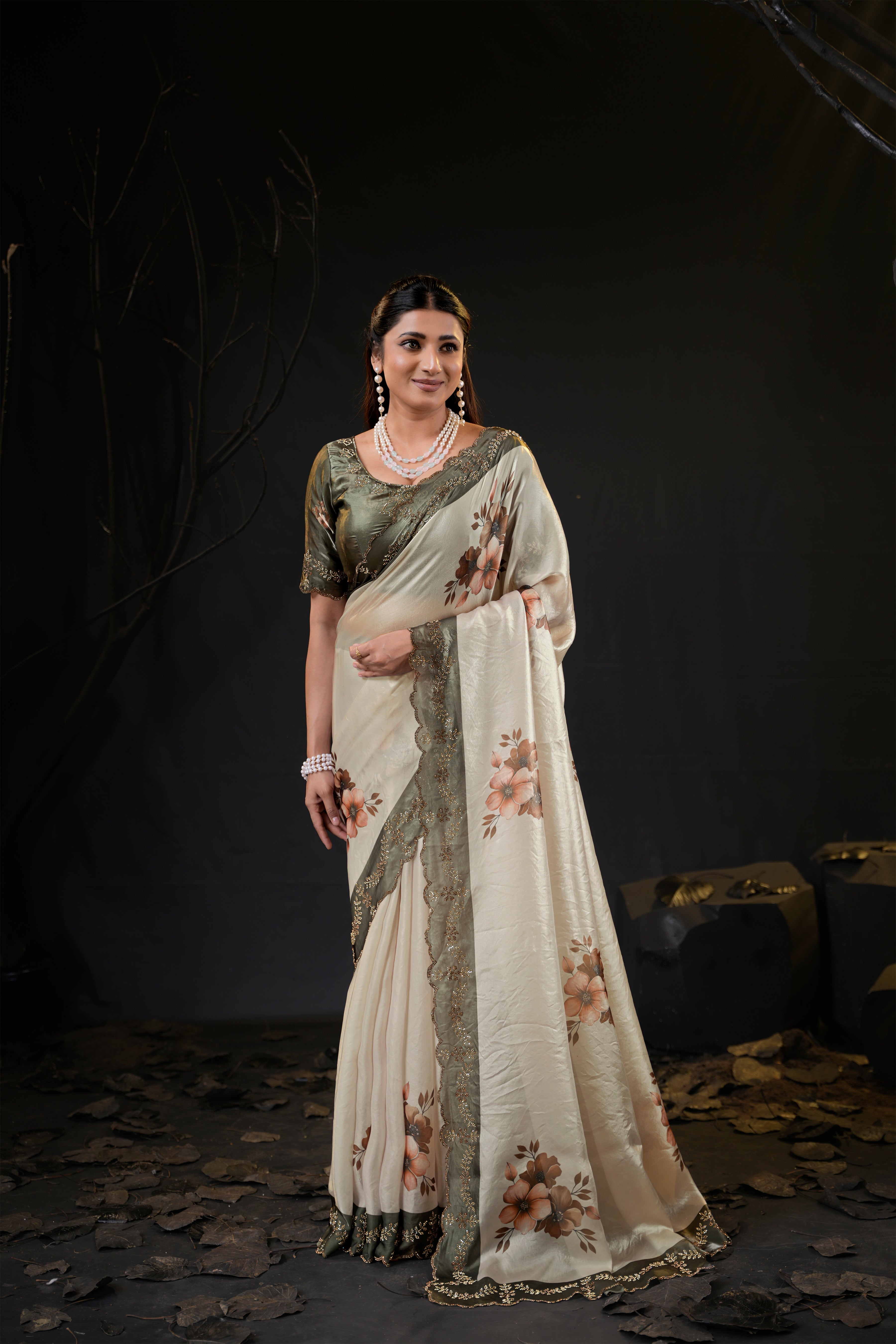 Taranika Floral Satin Saree with Scalloped Stone Border