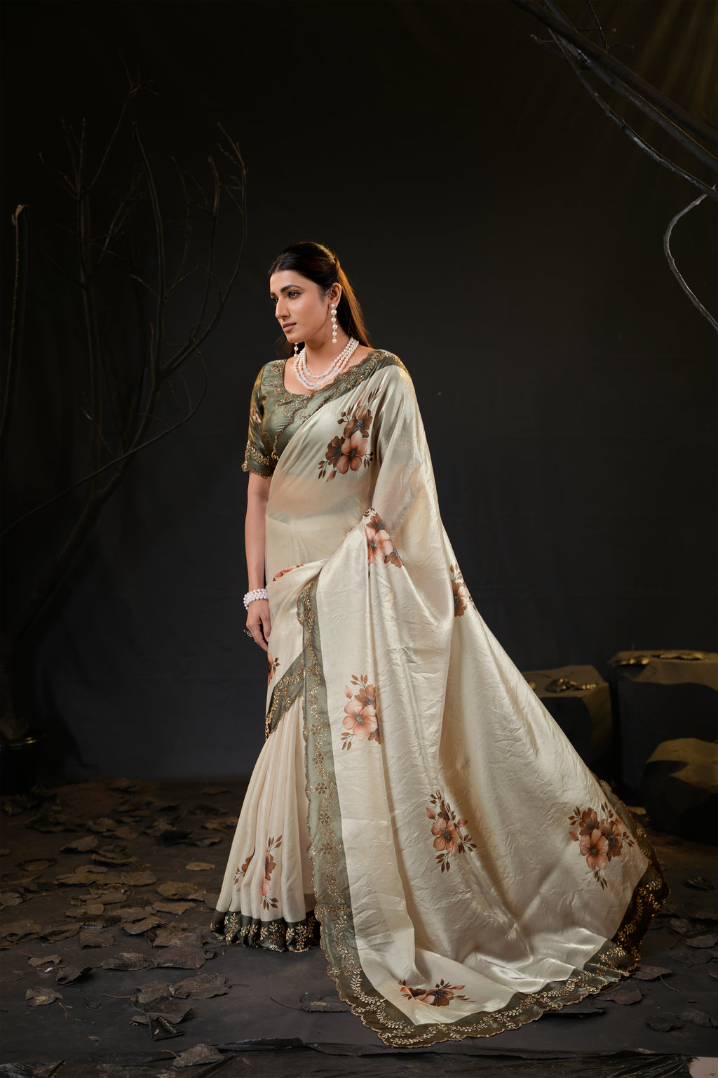 Taranika Floral Satin Saree with Scalloped Stone Border