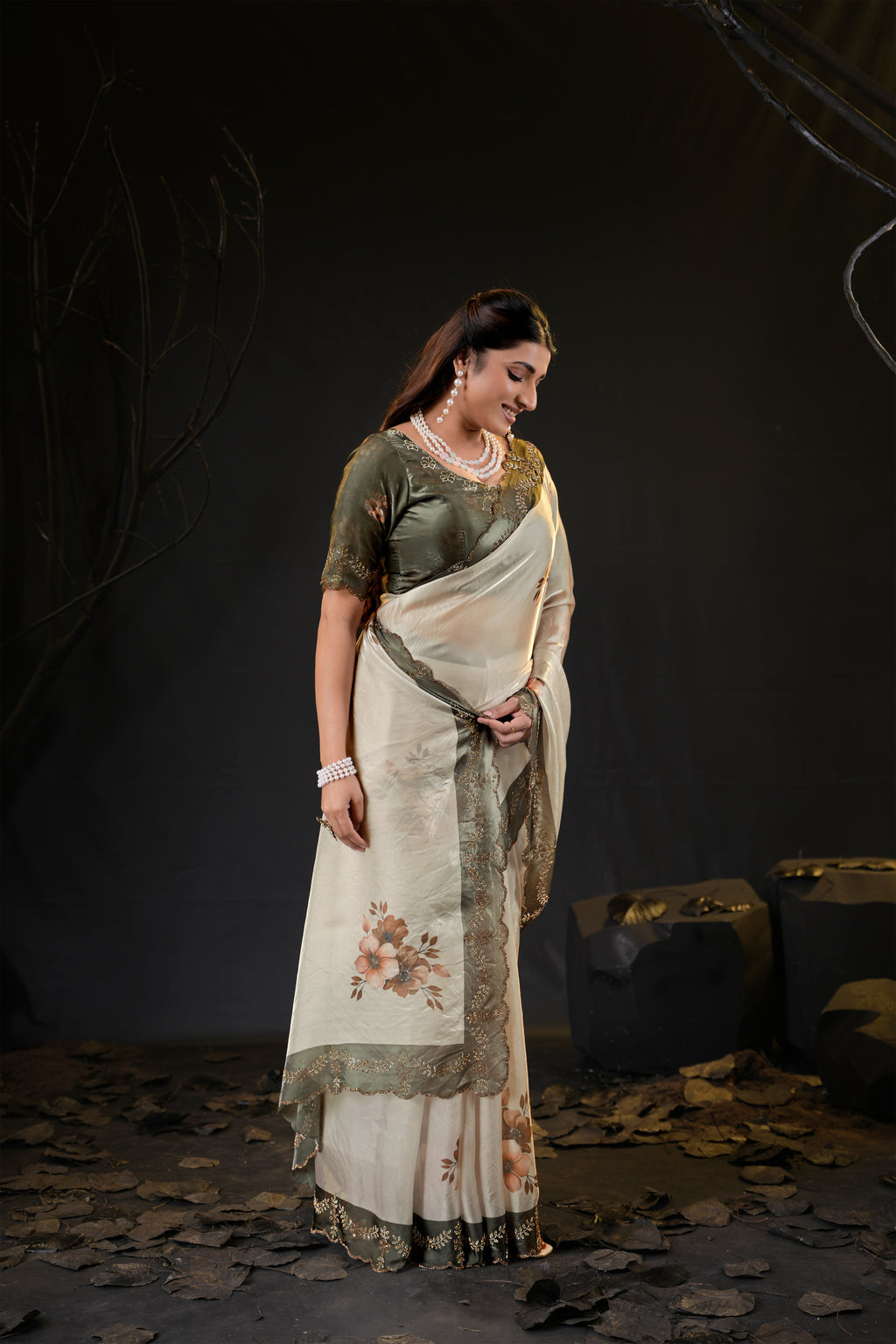 Taranika Floral Satin Saree with Scalloped Stone Border