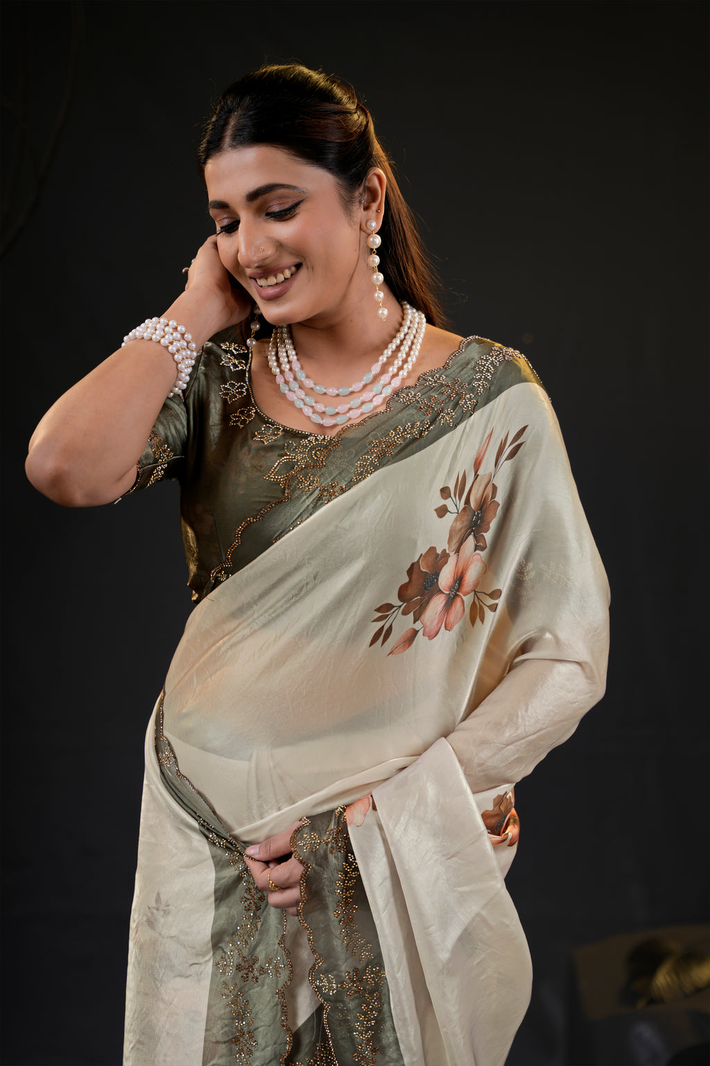 Taranika Floral Satin Saree with Scalloped Stone Border