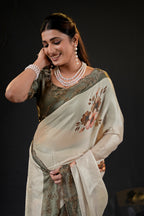 Taranika Floral Satin Saree with Scalloped Stone Border