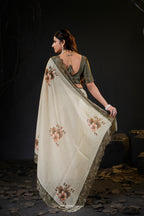Taranika Floral Satin Saree with Scalloped Stone Border