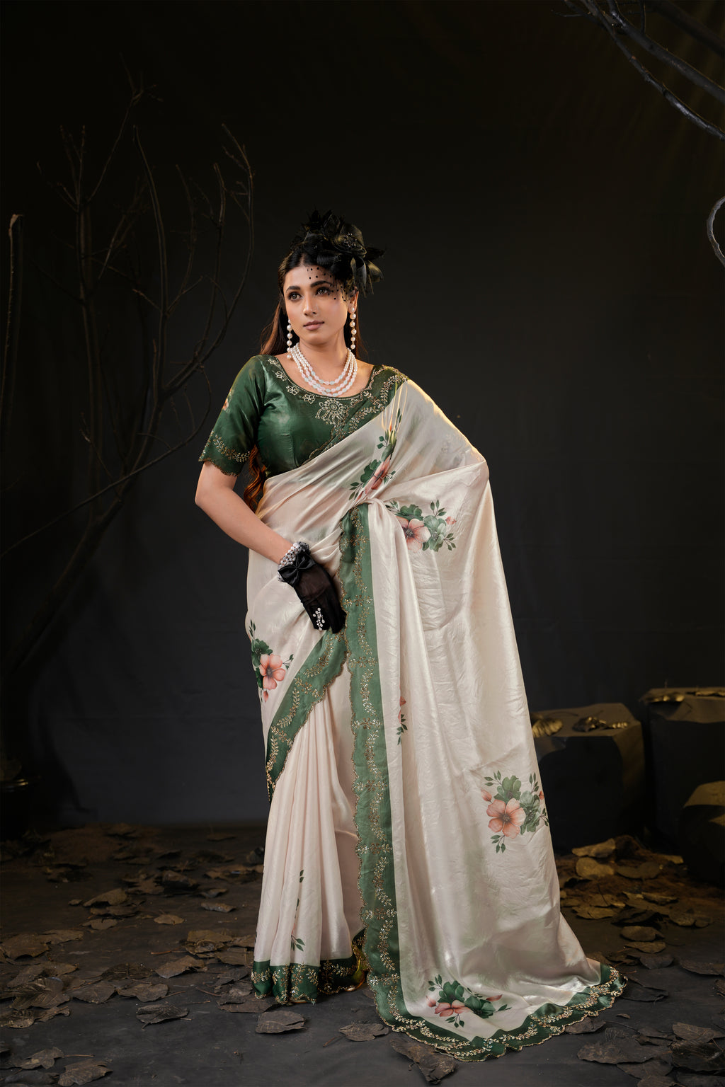 Taranika Floral Satin Saree with Scalloped Stone Border