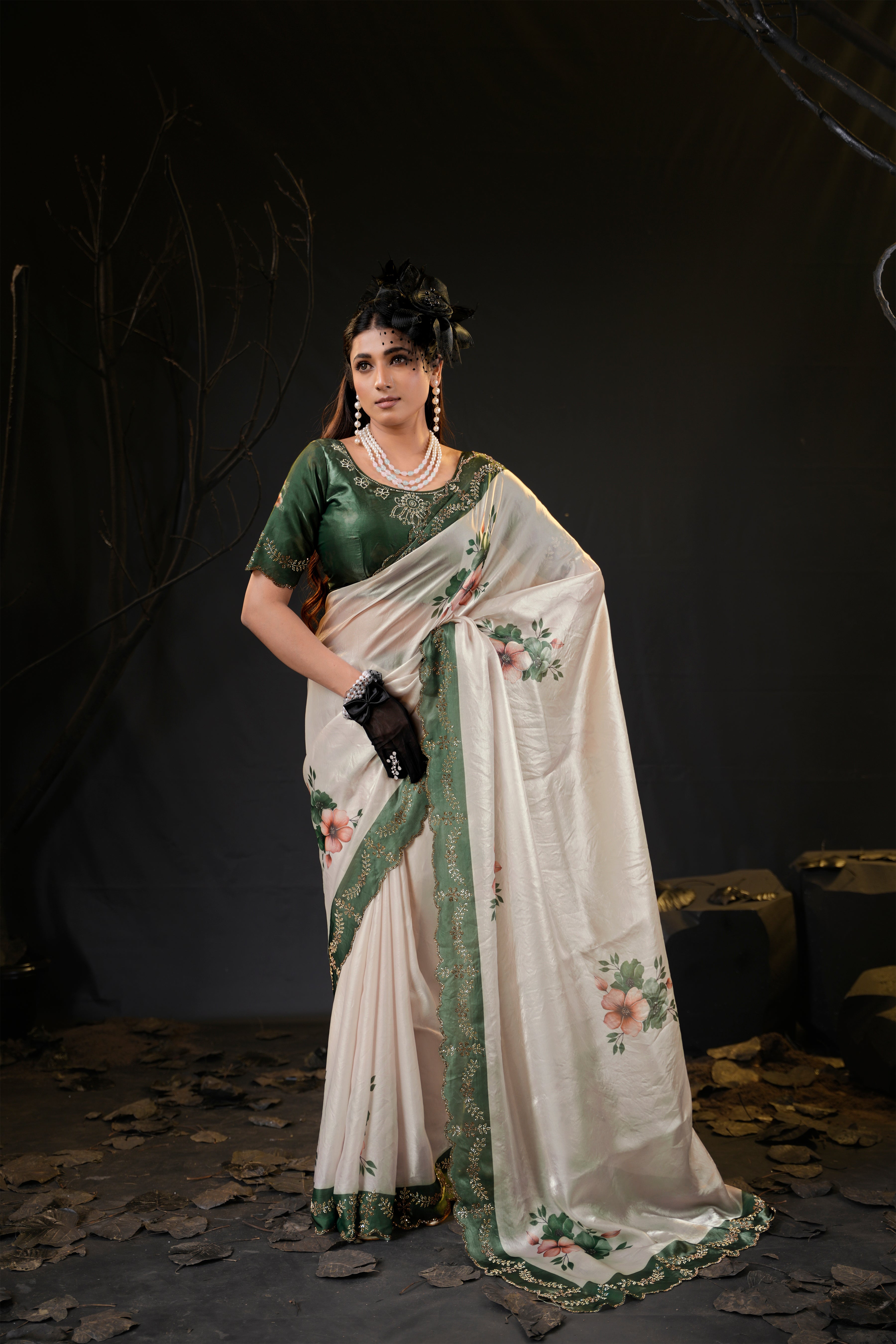 Taranika Floral Satin Saree with Scalloped Stone Border