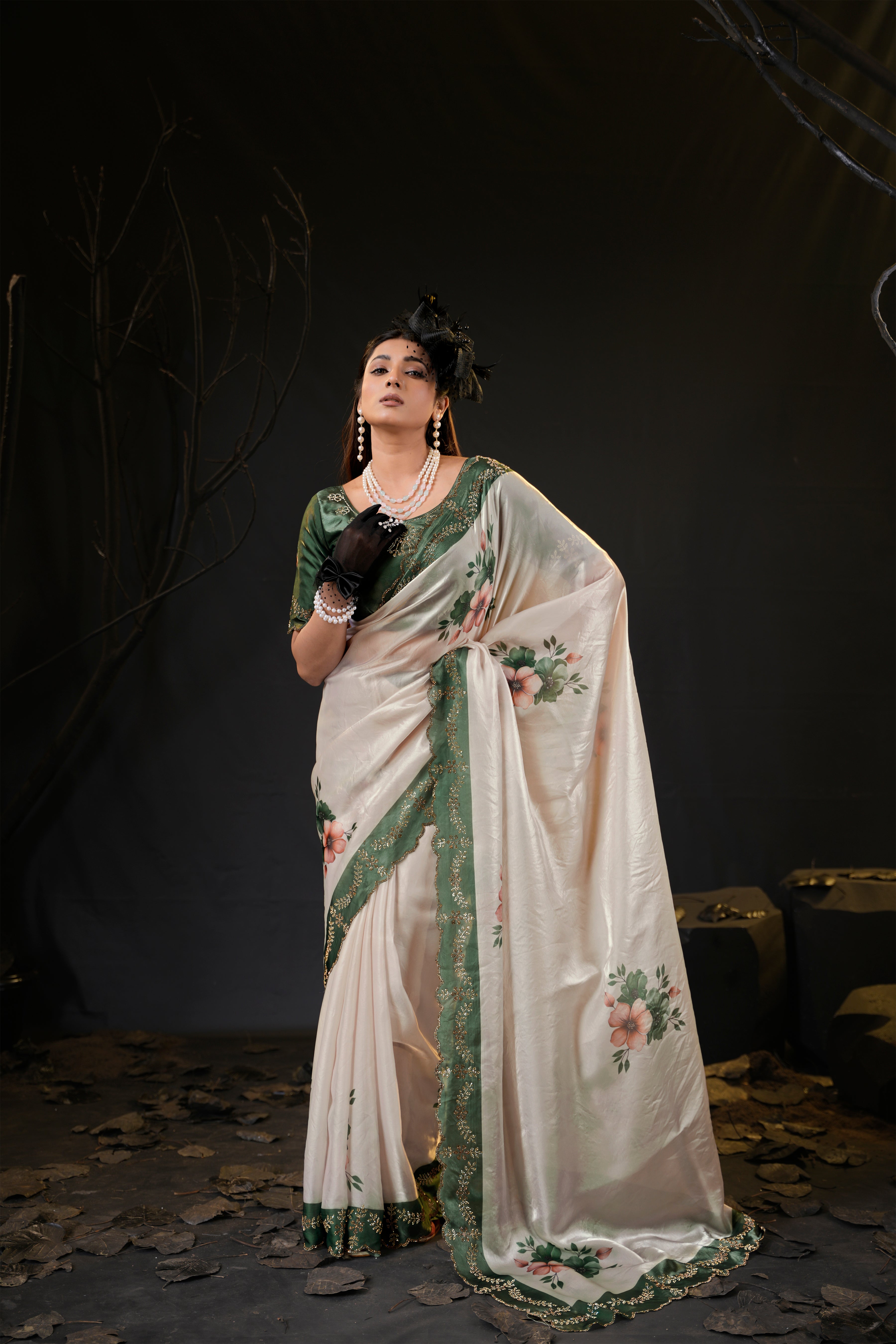 Taranika Floral Satin Saree with Scalloped Stone Border