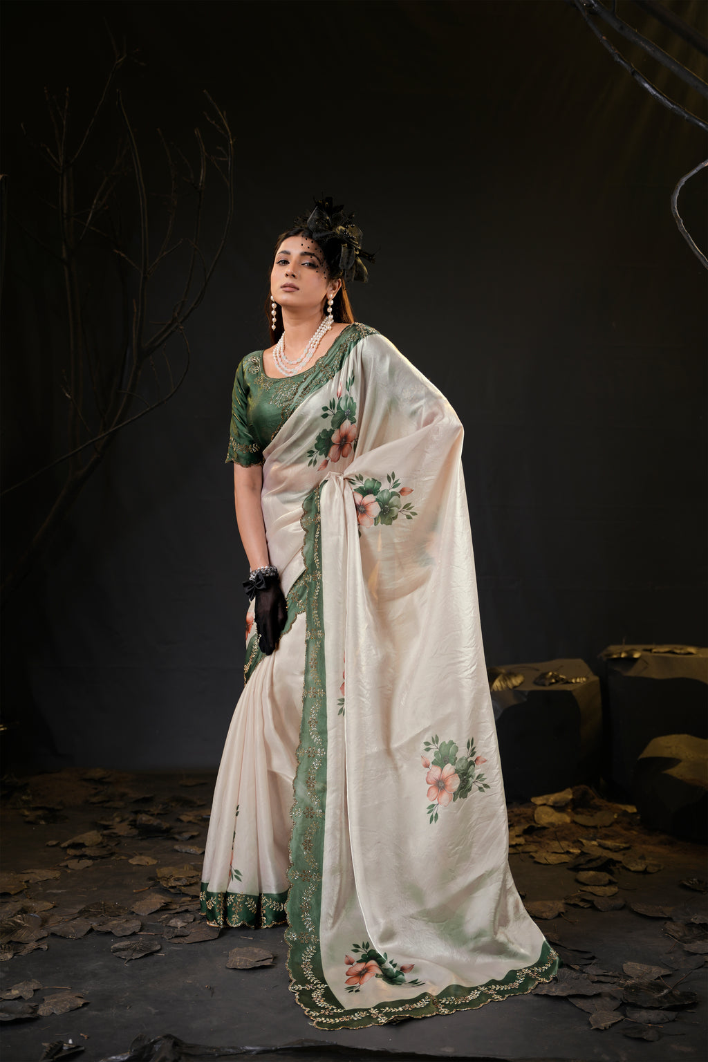 Taranika Floral Satin Saree with Scalloped Stone Border