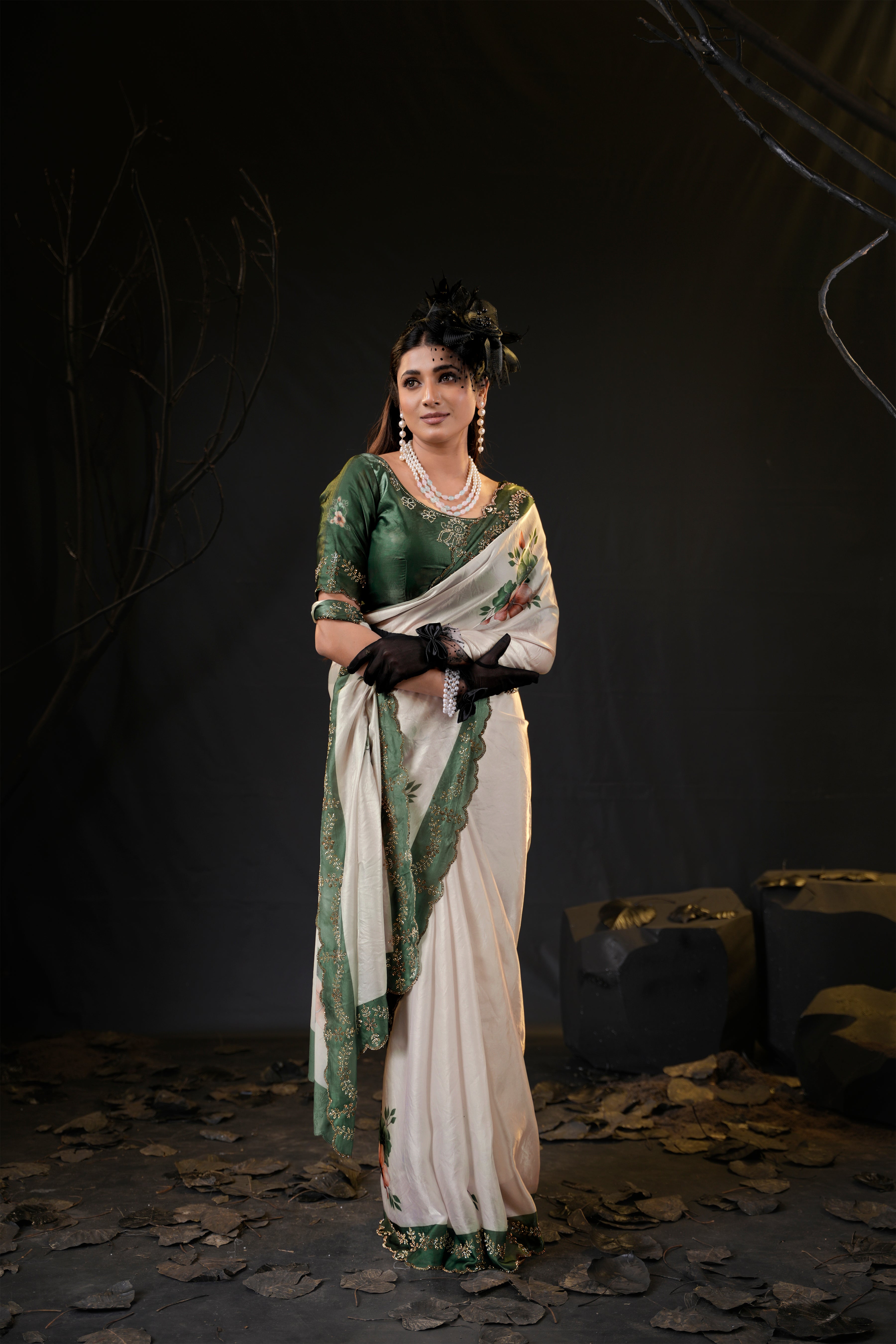 Taranika Floral Satin Saree with Scalloped Stone Border
