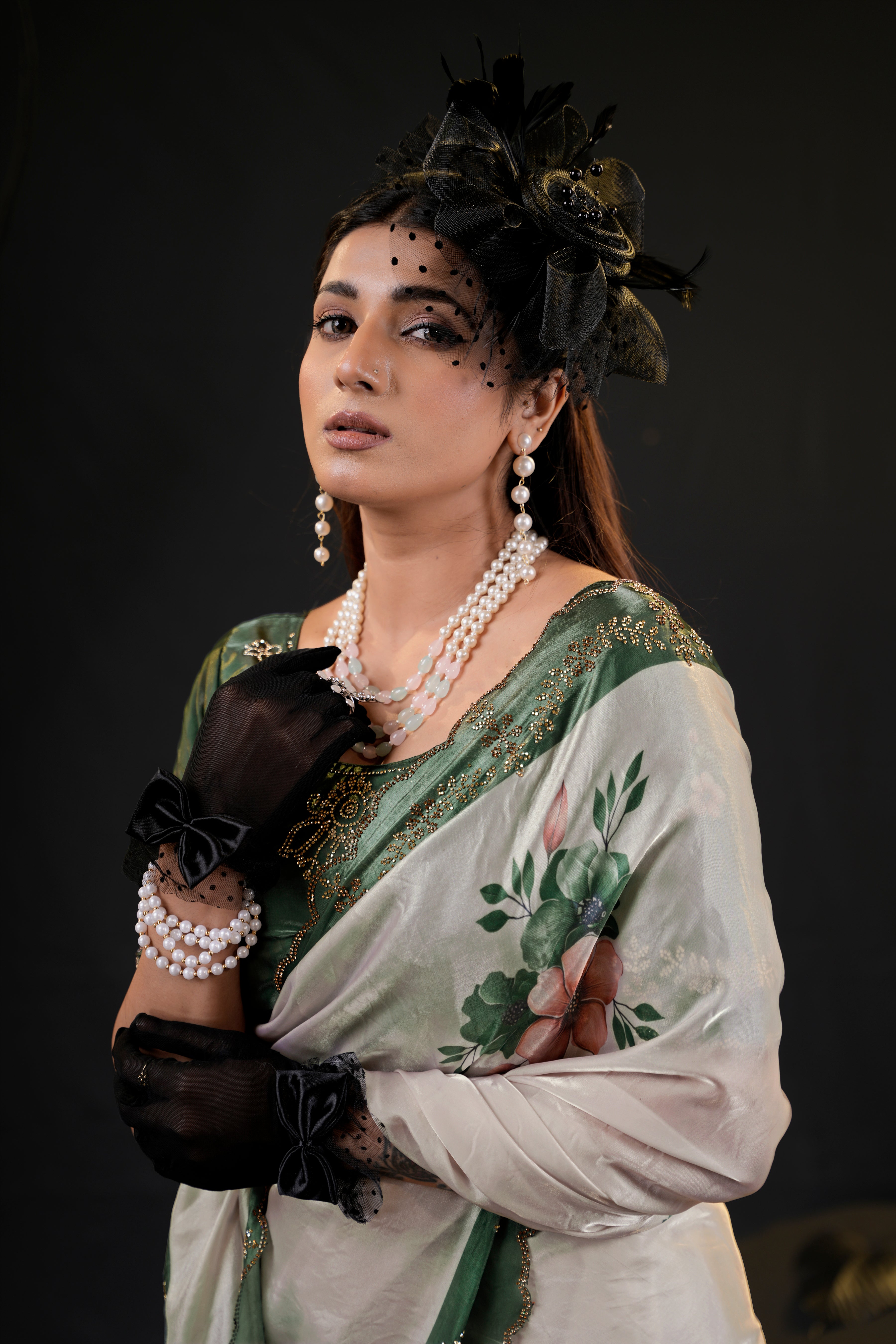 Taranika Floral Satin Saree with Scalloped Stone Border