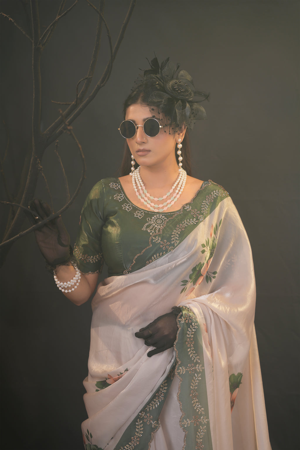 Taranika Floral Satin Saree with Scalloped Stone Border