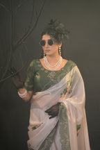 Taranika Floral Satin Saree with Scalloped Stone Border