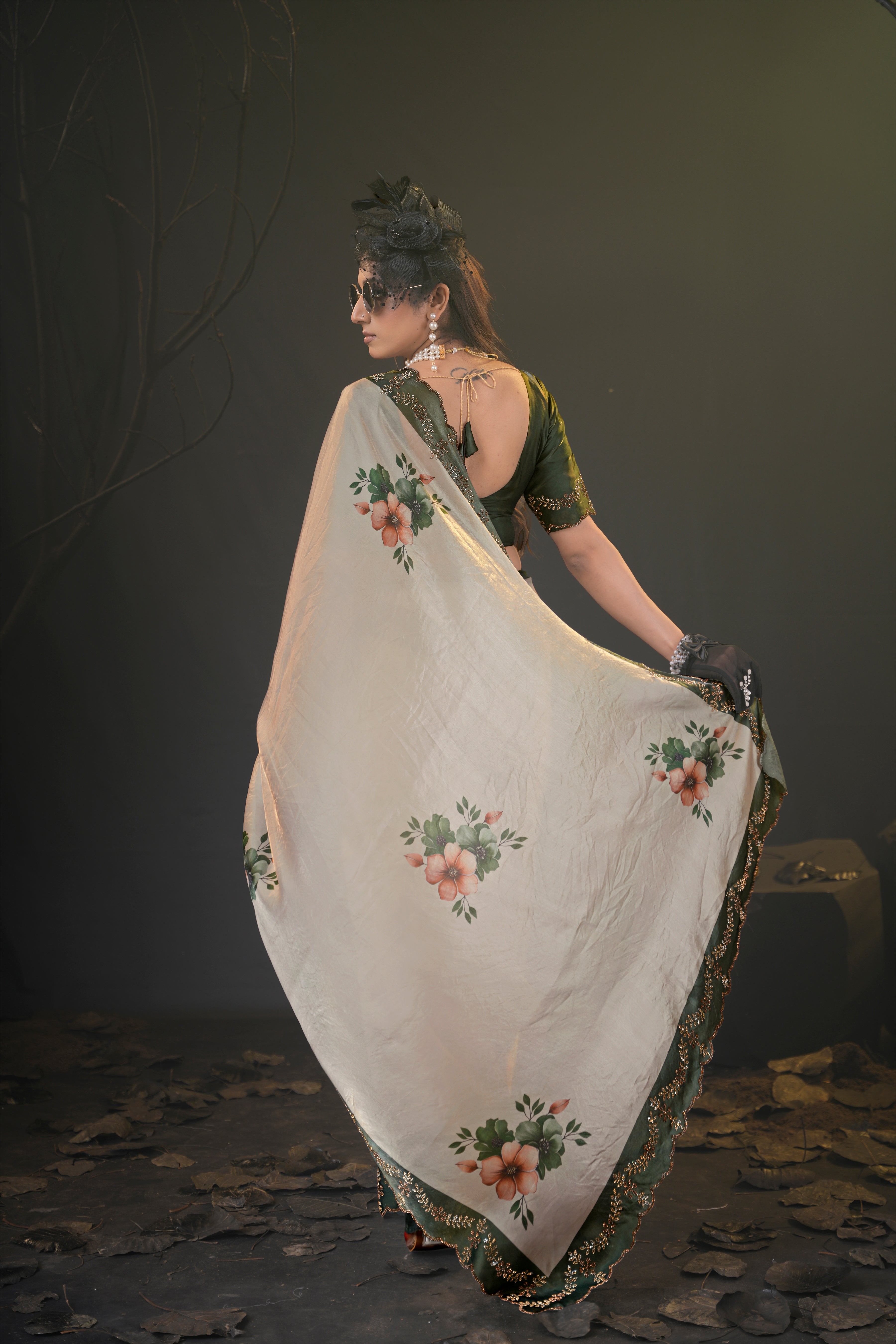 Taranika Floral Satin Saree with Scalloped Stone Border