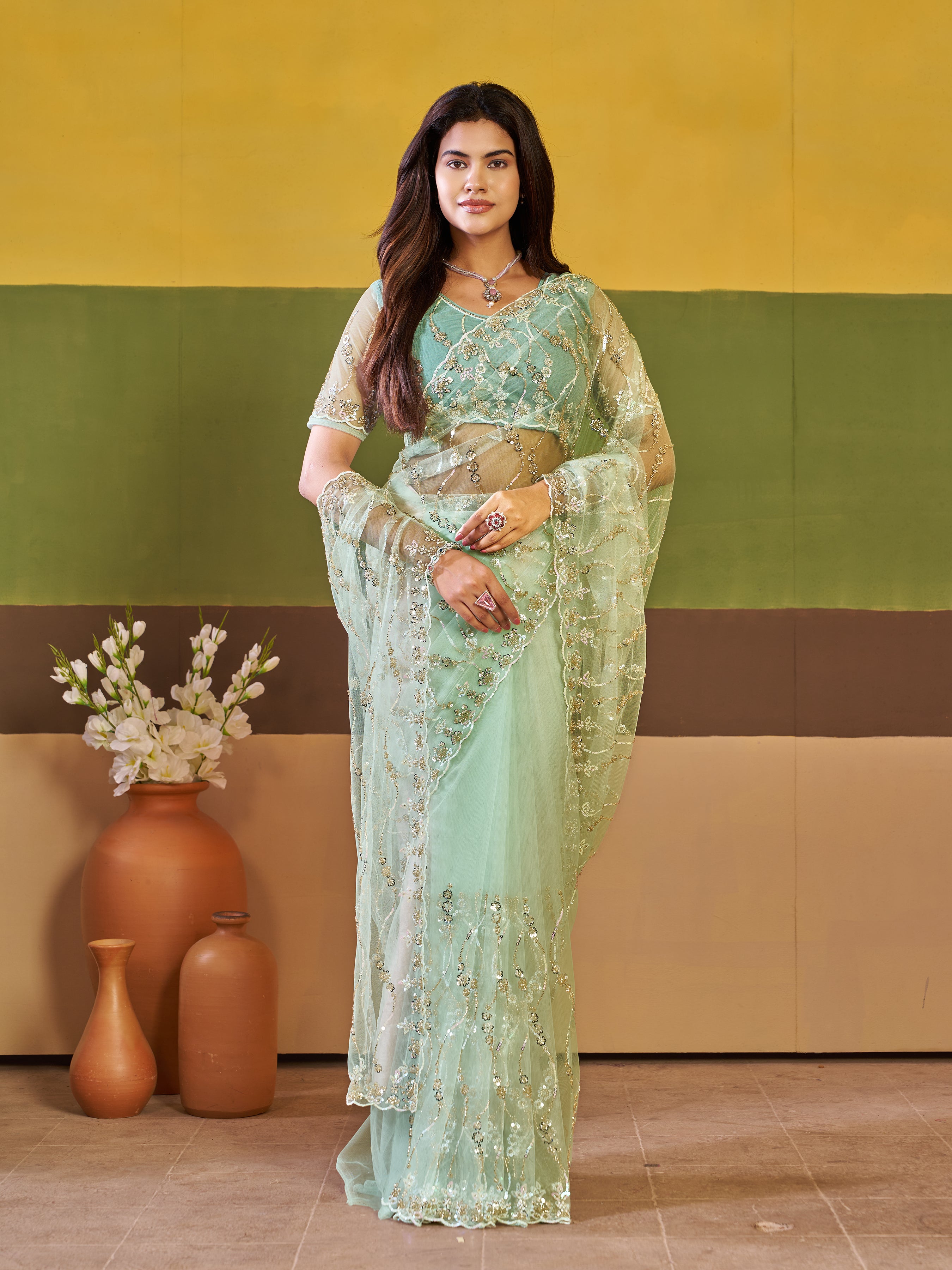 Nirva Net Embroidered Wedding Saree