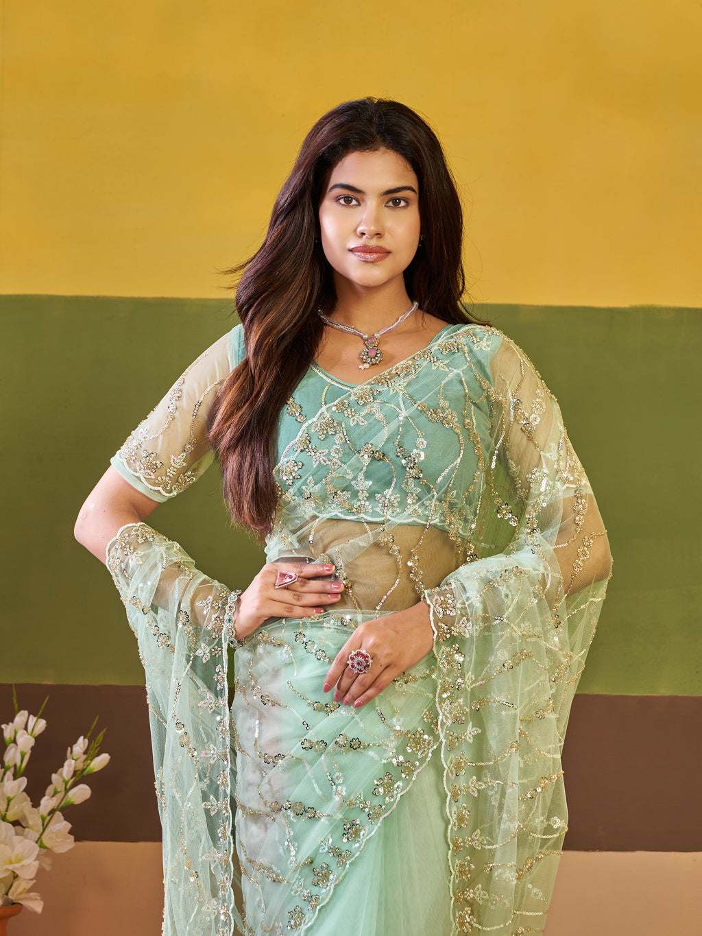 Nirva Net Embroidered Wedding Saree