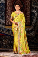 Tamannah Bhatia Inspired Lemon Yellow Floral Satin Saree with Mirror Work Border