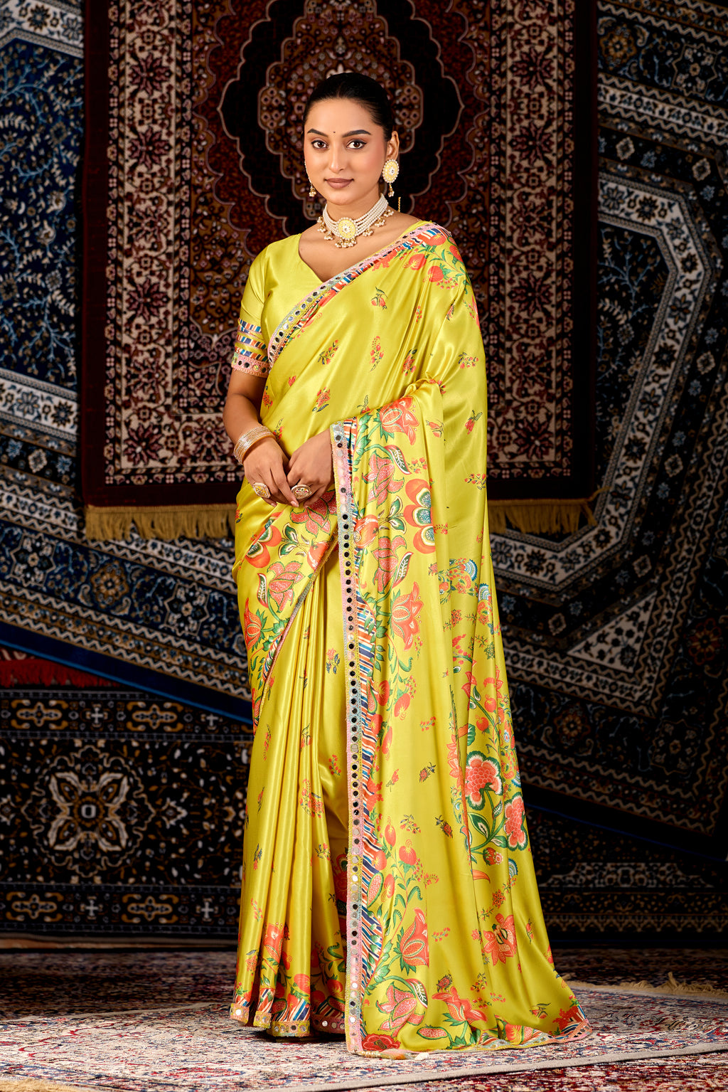 Tamannah Bhatia Inspired Lemon Yellow Floral Satin Saree with Mirror Work Border