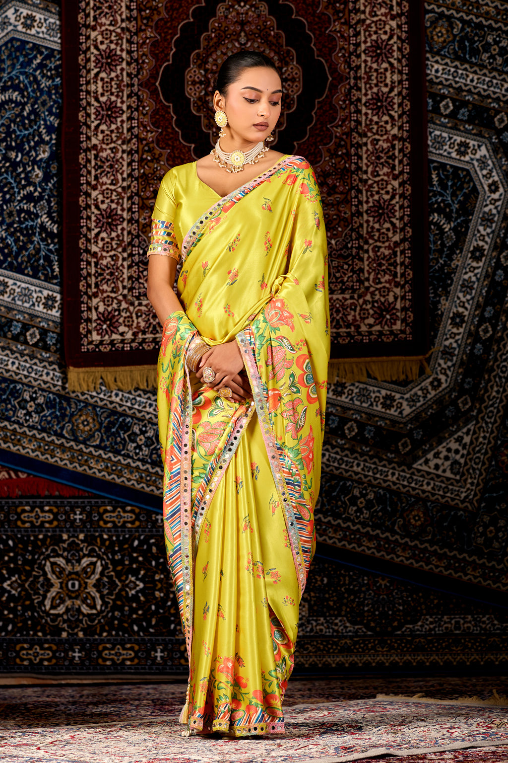 Tamannah Bhatia Inspired Lemon Yellow Floral Satin Saree with Mirror Work Border
