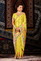 Tamannah Bhatia Inspired Lemon Yellow Floral Satin Saree with Mirror Work Border
