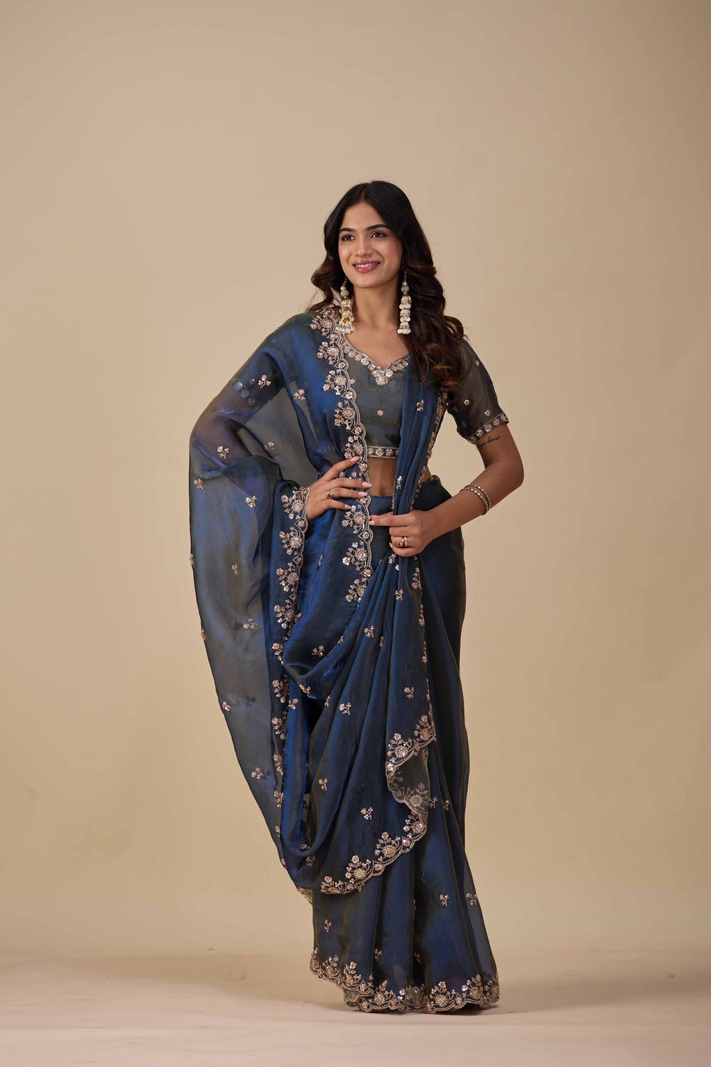 Jhankar — Embroidered Armani Gold Saree | Wearoma Couture