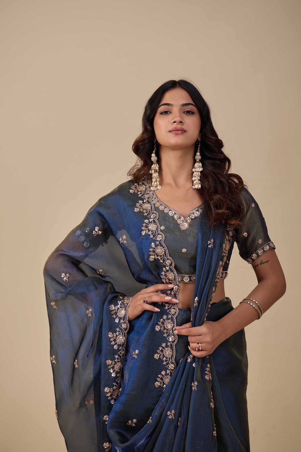 Jhankar — Embroidered Armani Gold Saree | Wearoma Couture