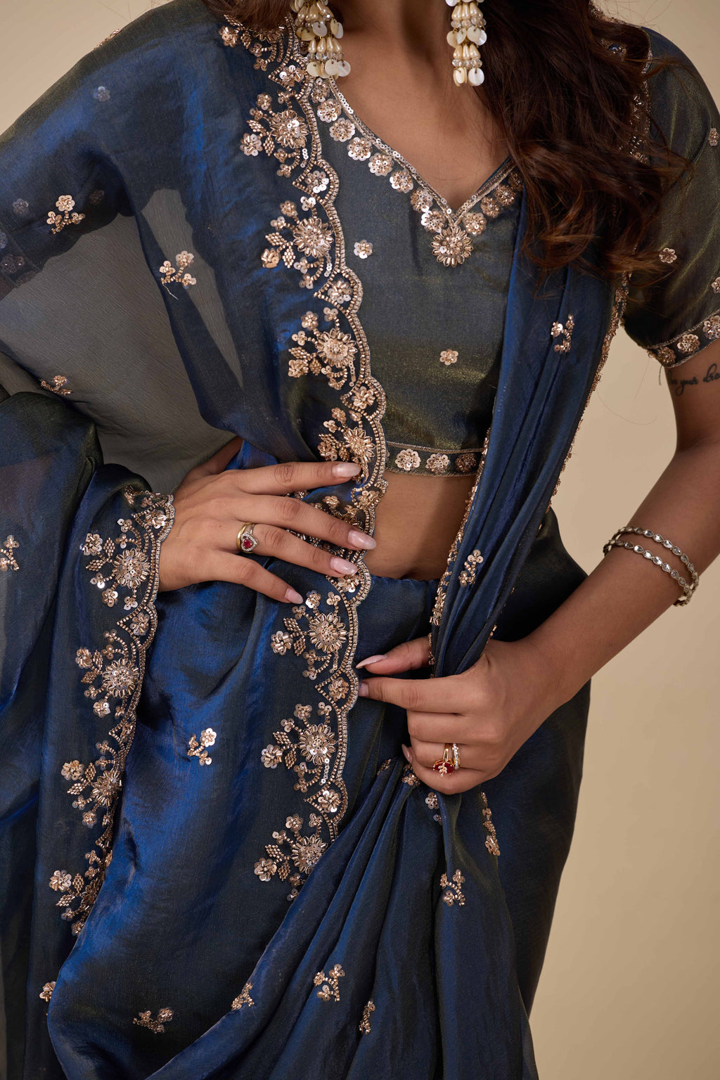 Jhankar — Embroidered Armani Gold Saree | Wearoma Couture