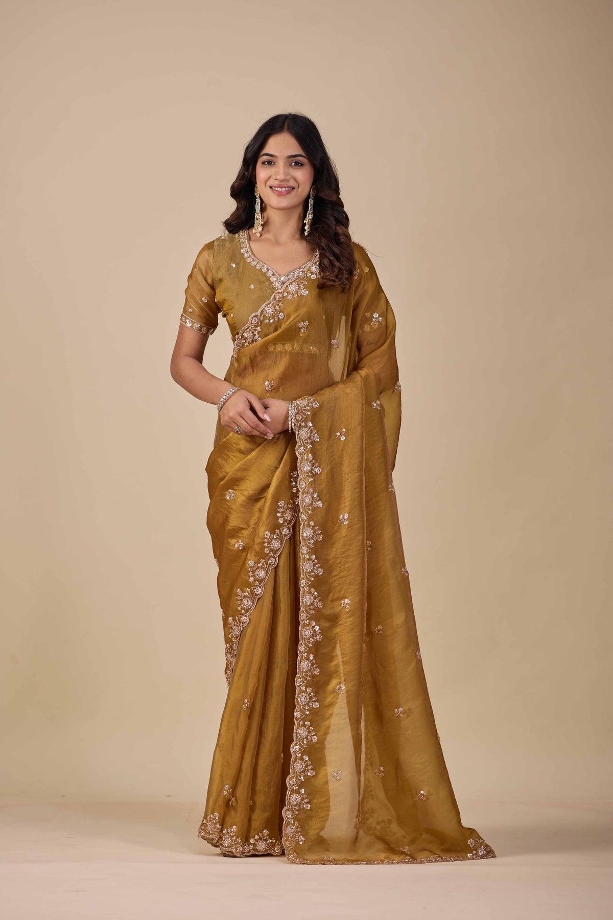 Jhankar — Embroidered Armani Gold Saree | Wearoma Couture