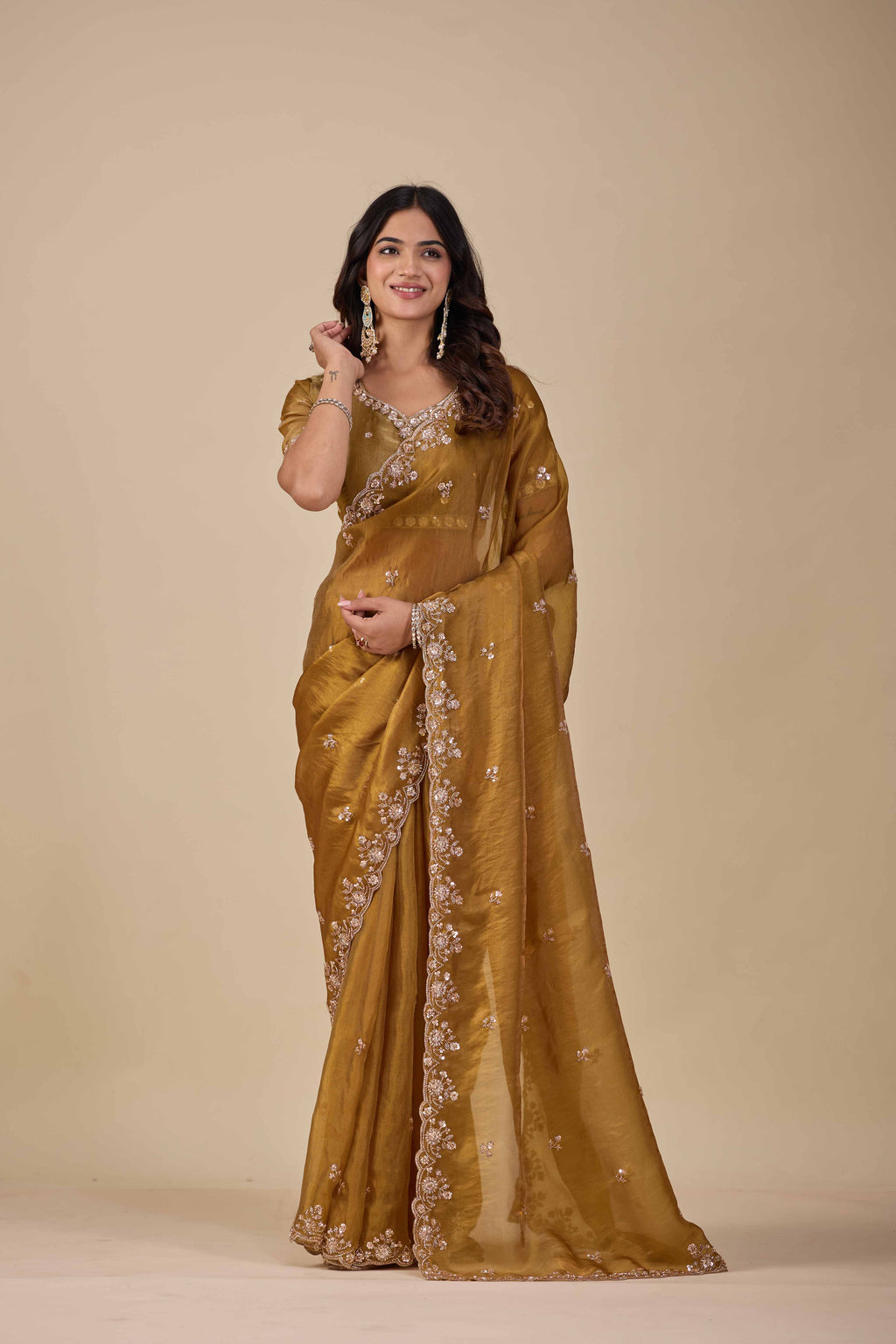 Jhankar — Embroidered Armani Gold Saree | Wearoma Couture