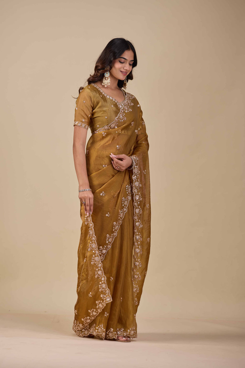 Jhankar — Embroidered Armani Gold Saree | Wearoma Couture