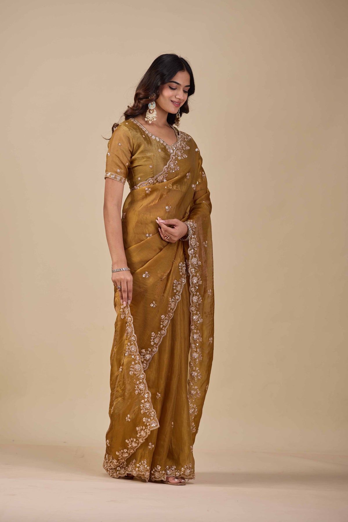 Jhankar — Embroidered Armani Gold Saree | Wearoma Couture