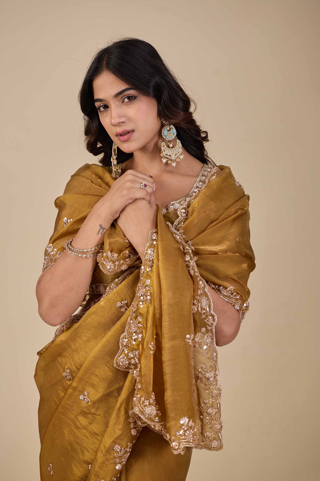 Jhankar — Embroidered Armani Gold Saree | Wearoma Couture