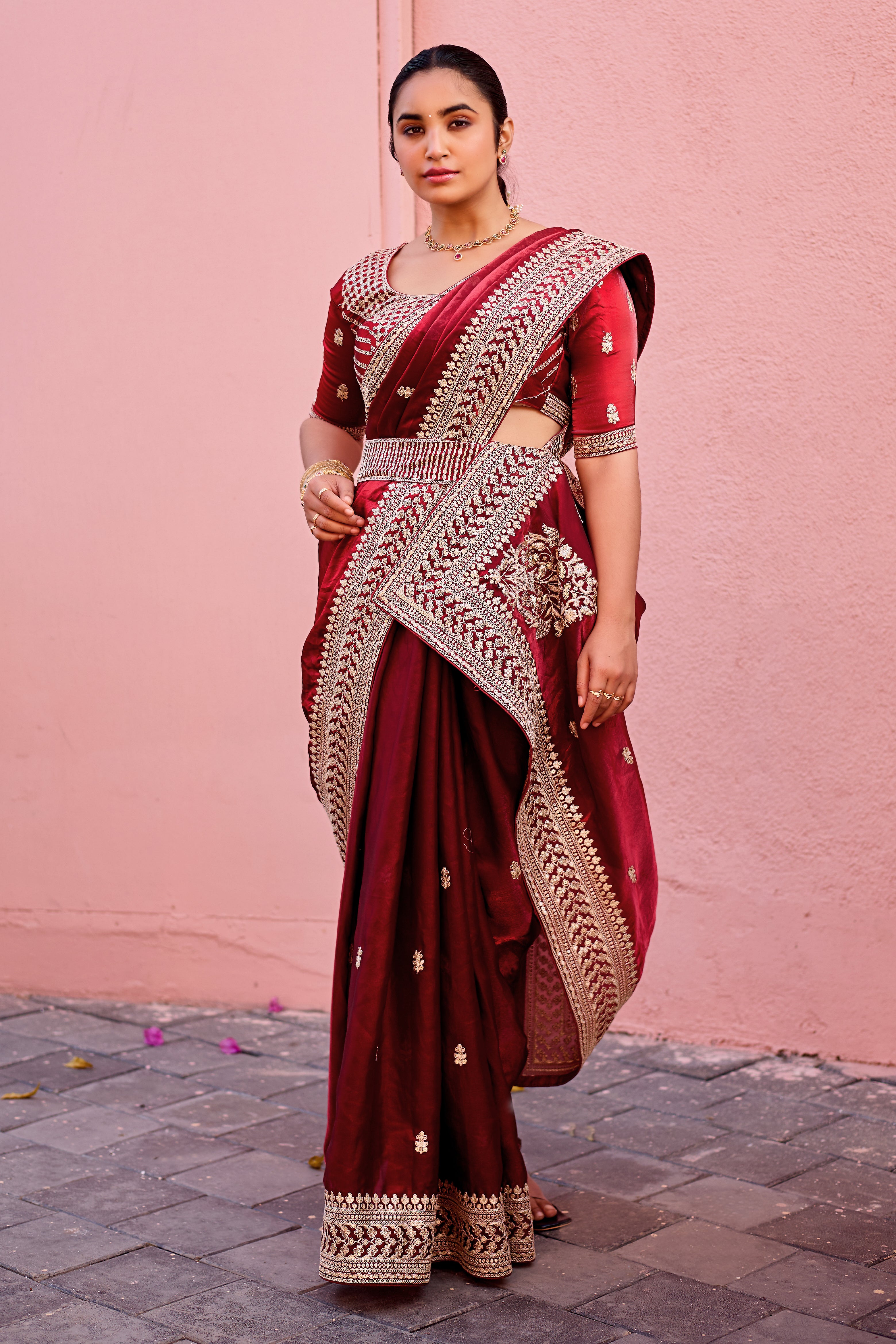 Devsena Saree – Royal Bridal Saree with Embroidered Waist Belt