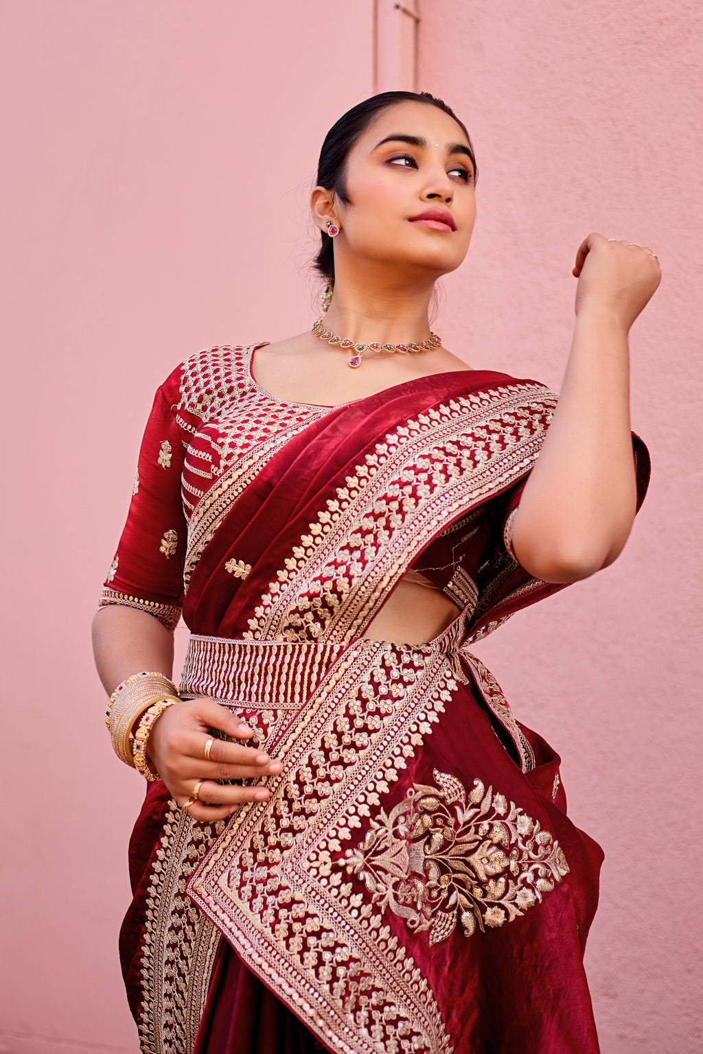 Devsena Saree – Royal Bridal Saree with Embroidered Waist Belt