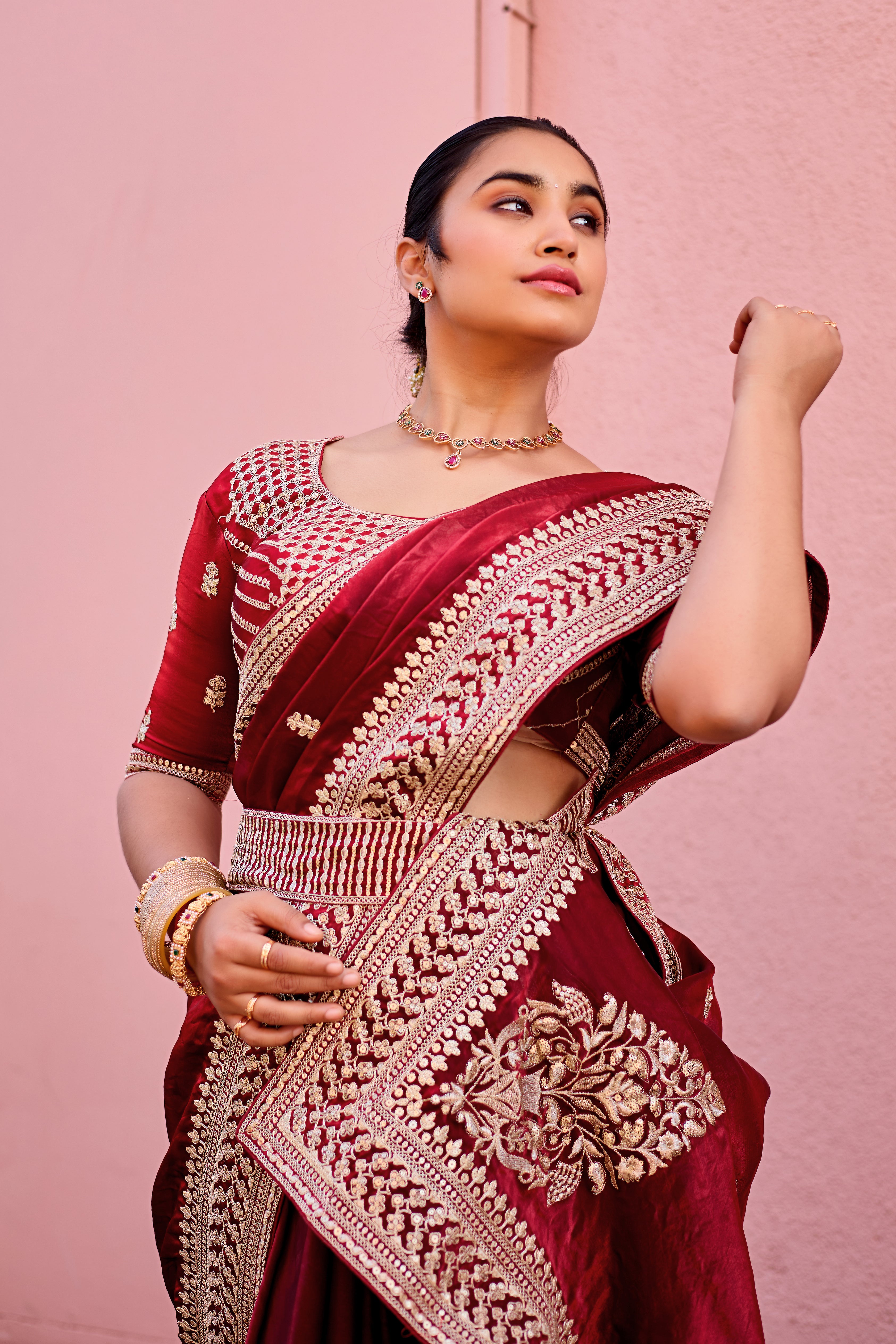 Devsena Saree – Royal Bridal Saree with Embroidered Waist Belt