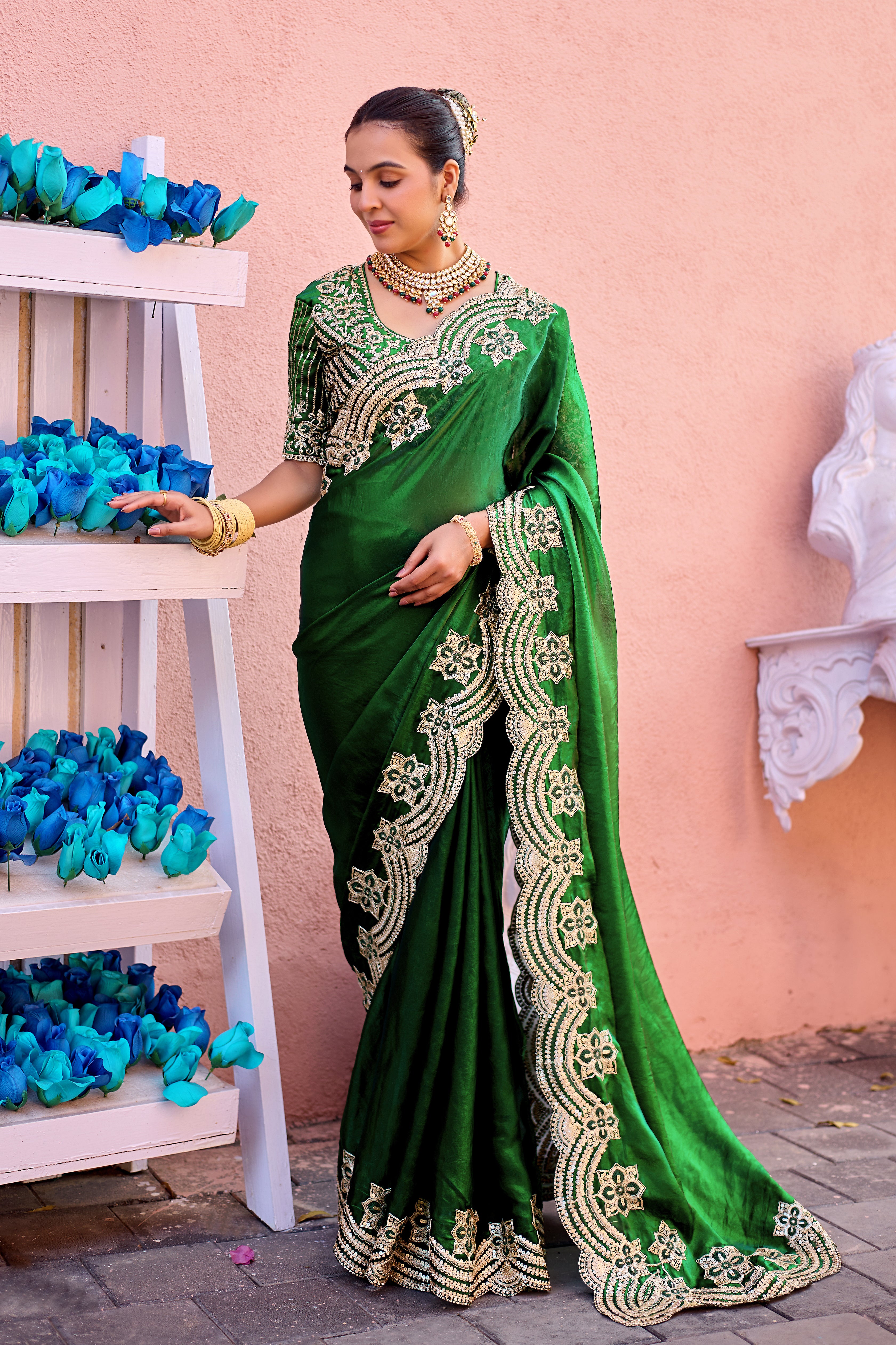 Kusum Saree – Grand Bridal Ensemble with Embroidered Kamarband | Fancy Satin