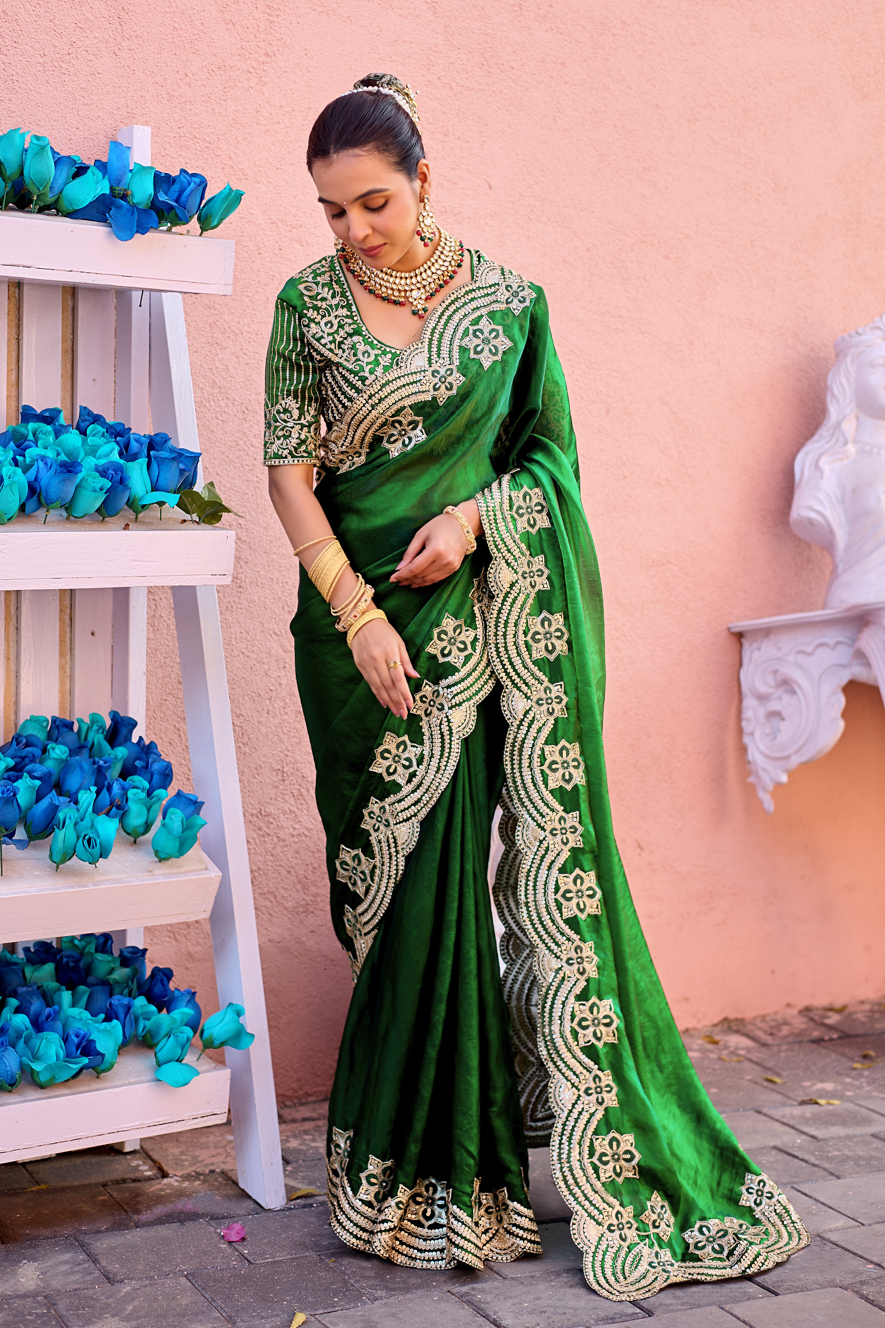 Kusum Saree – Grand Bridal Ensemble with Embroidered Kamarband | Fancy Satin