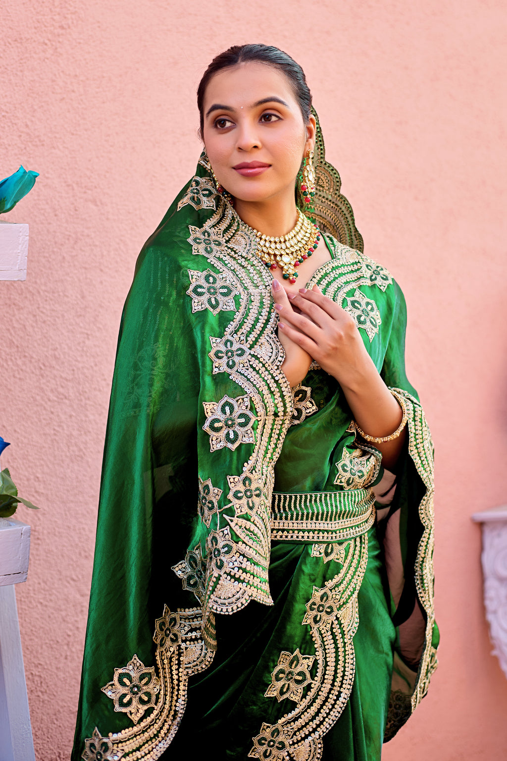 Kusum Saree – Grand Bridal Ensemble with Embroidered Kamarband | Fancy Satin