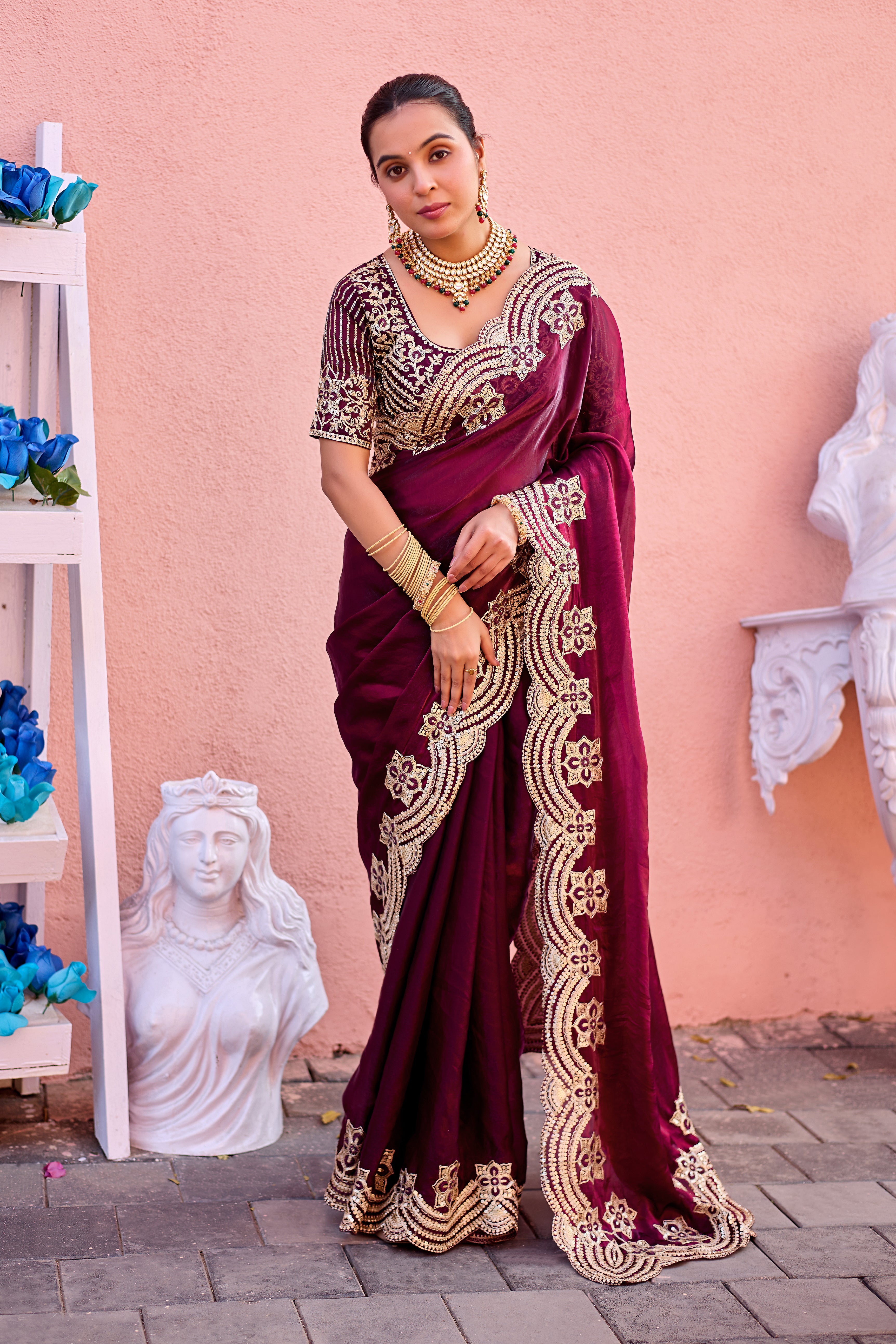 Kusum Saree – Grand Bridal Ensemble with Embroidered Kamarband | Fancy Satin