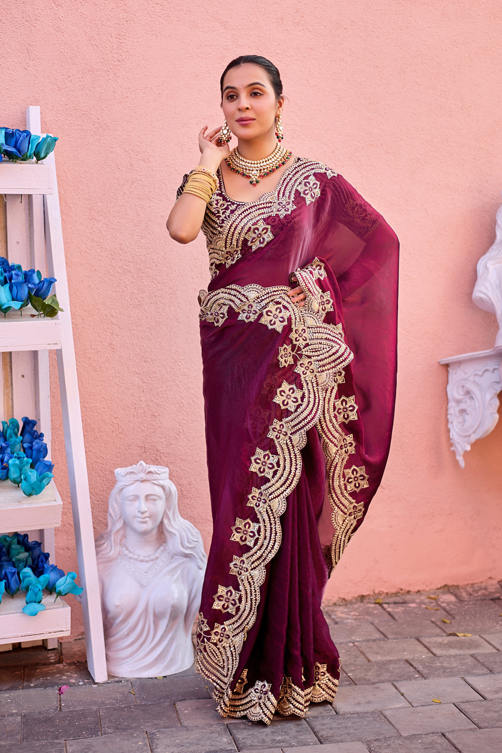 Kusum Saree – Grand Bridal Ensemble with Embroidered Kamarband | Fancy Satin
