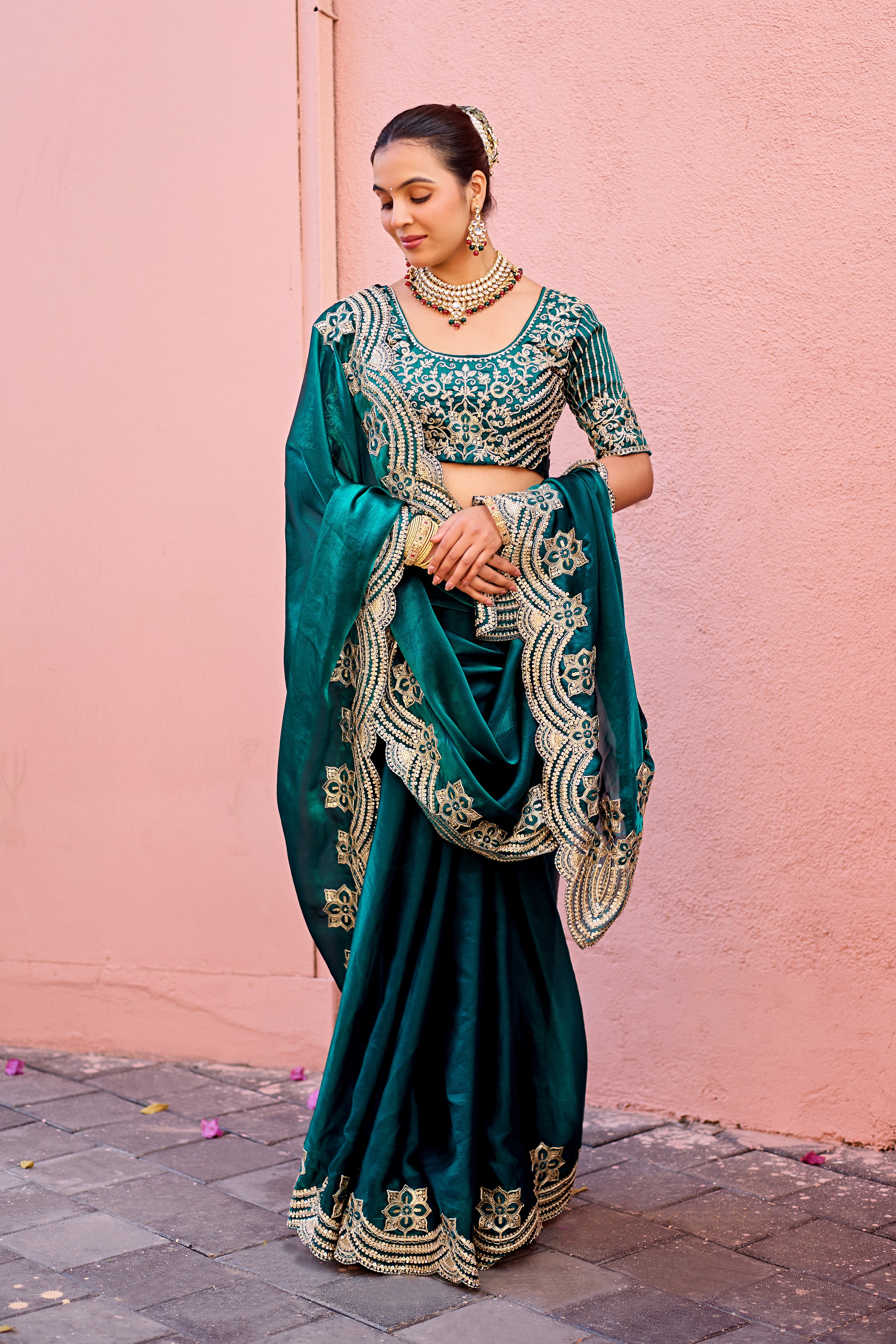 Kusum Saree – Grand Bridal Ensemble with Embroidered Kamarband | Fancy Satin