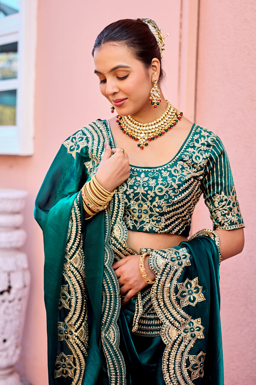 Kusum Saree – Grand Bridal Ensemble with Embroidered Kamarband | Fancy Satin