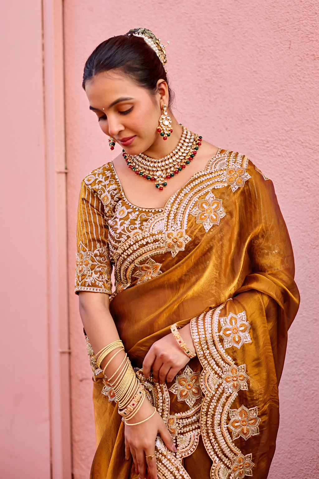 Kusum Saree – Grand Bridal Ensemble with Embroidered Kamarband | Fancy Satin