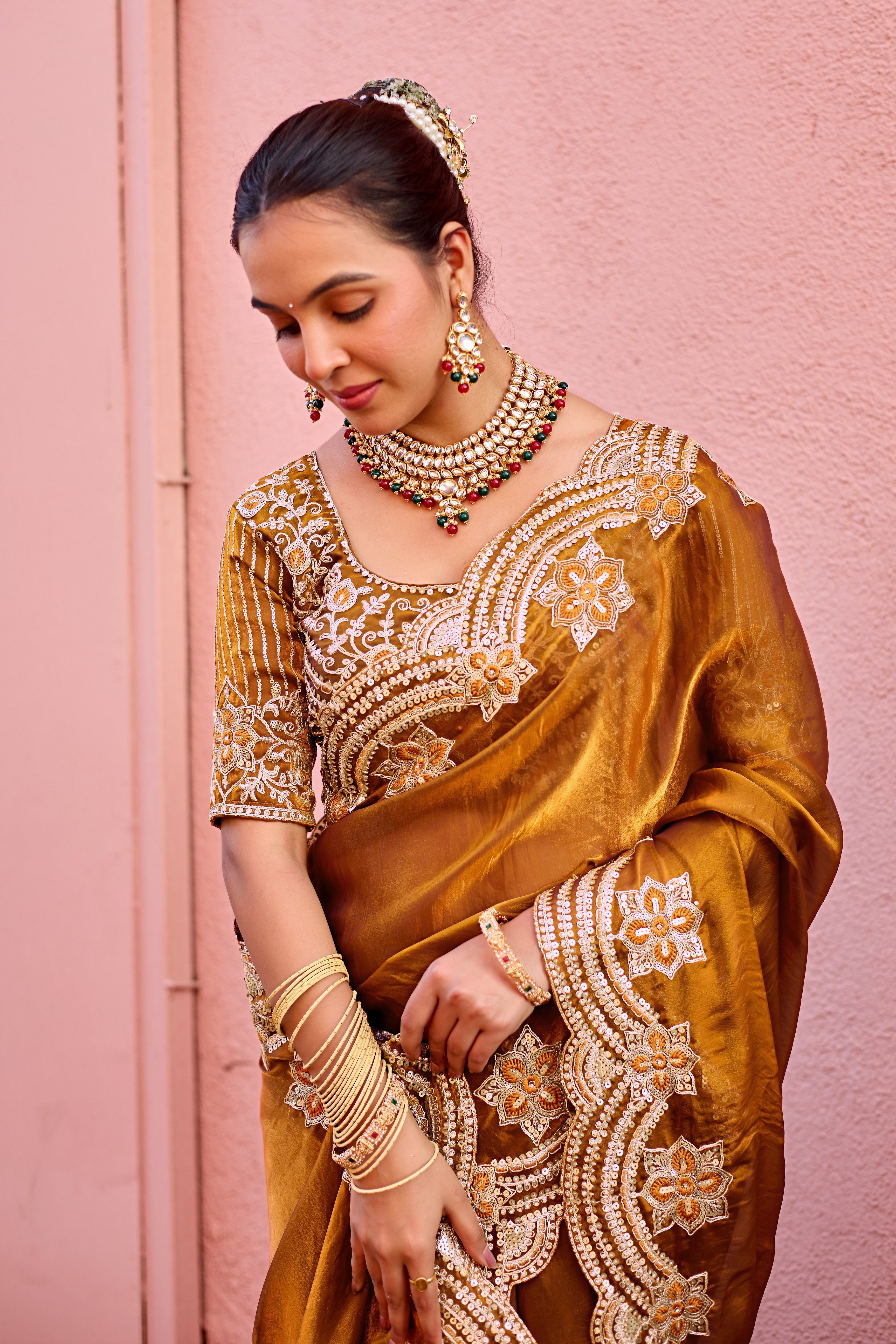 Kusum Saree – Grand Bridal Ensemble with Embroidered Kamarband | Fancy Satin